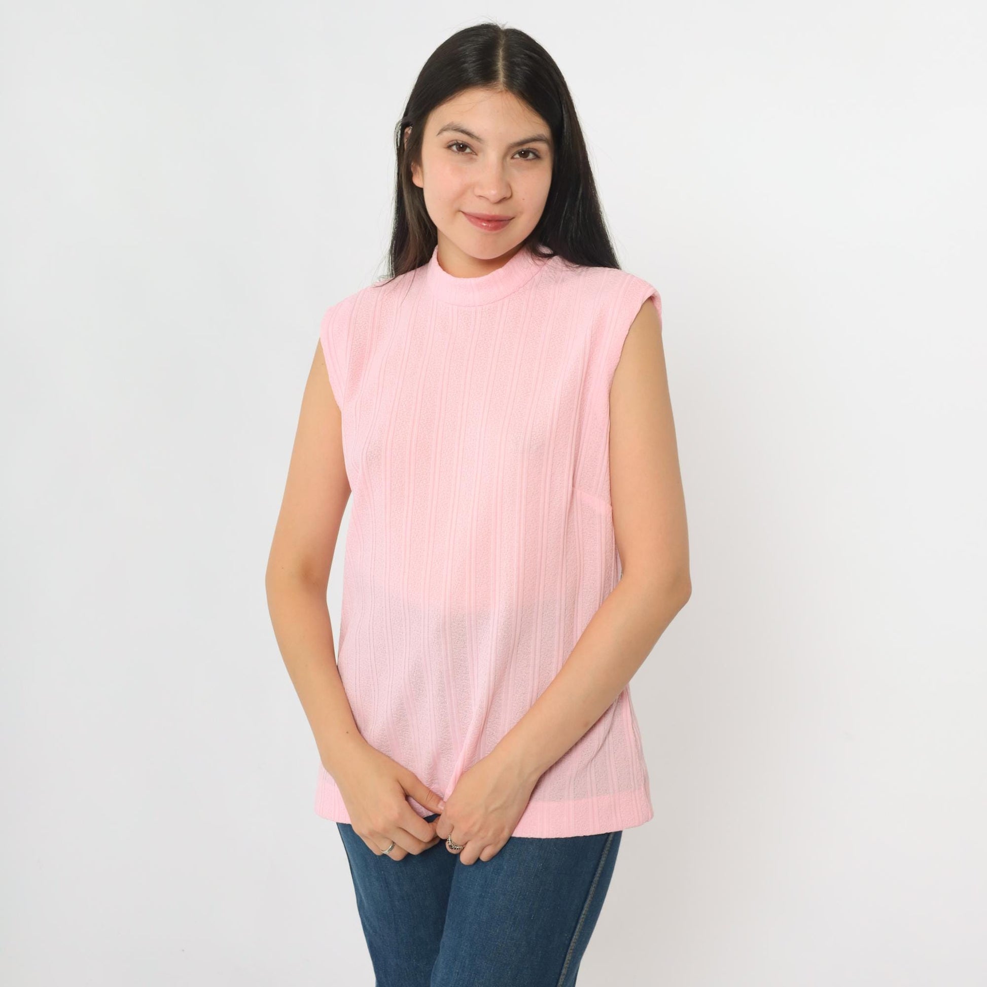 70s Pink Mock Neck Tank Top Ribbed Sleeveless Blouse Large