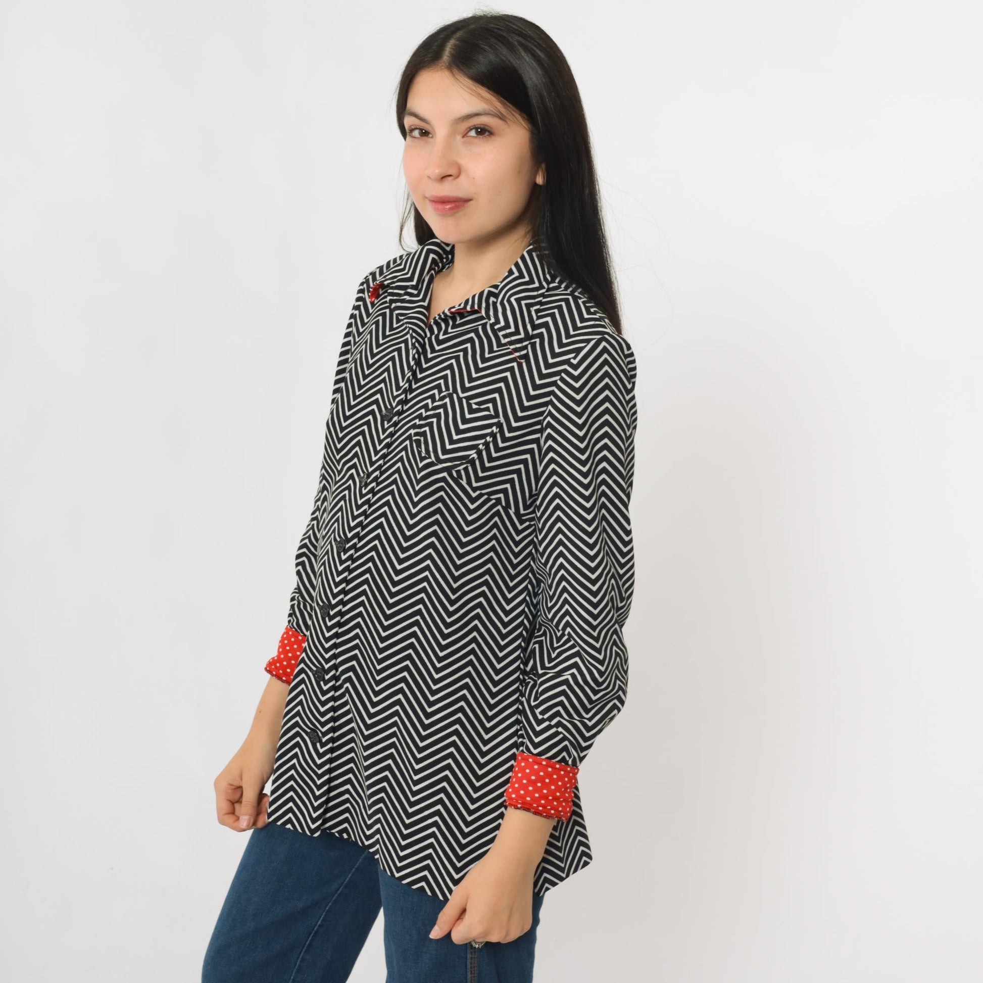 70s Black White Striped Button Up Blouse Dagger Collar Long Sleeve Small Medium