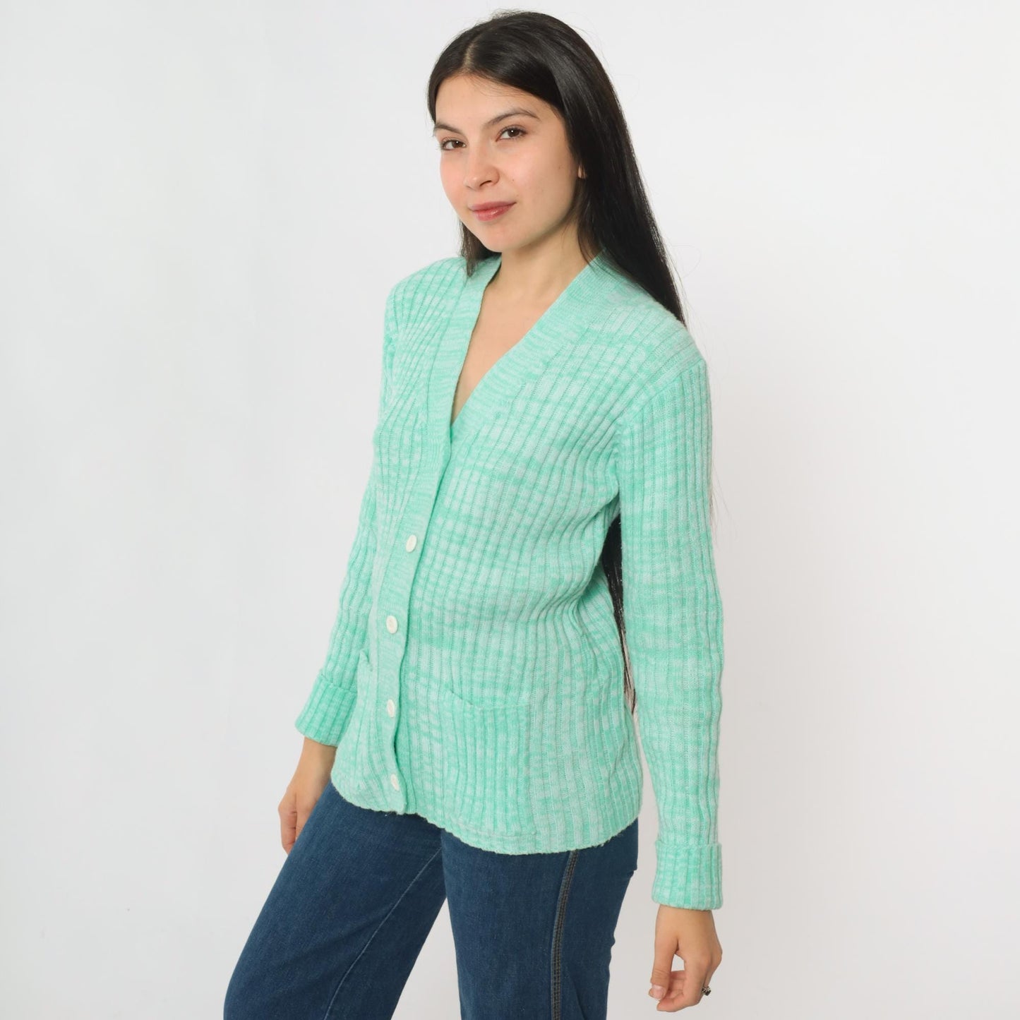 70s Space Dye Cardigan Mint Green White V-Neck Button-Up Knit Small S