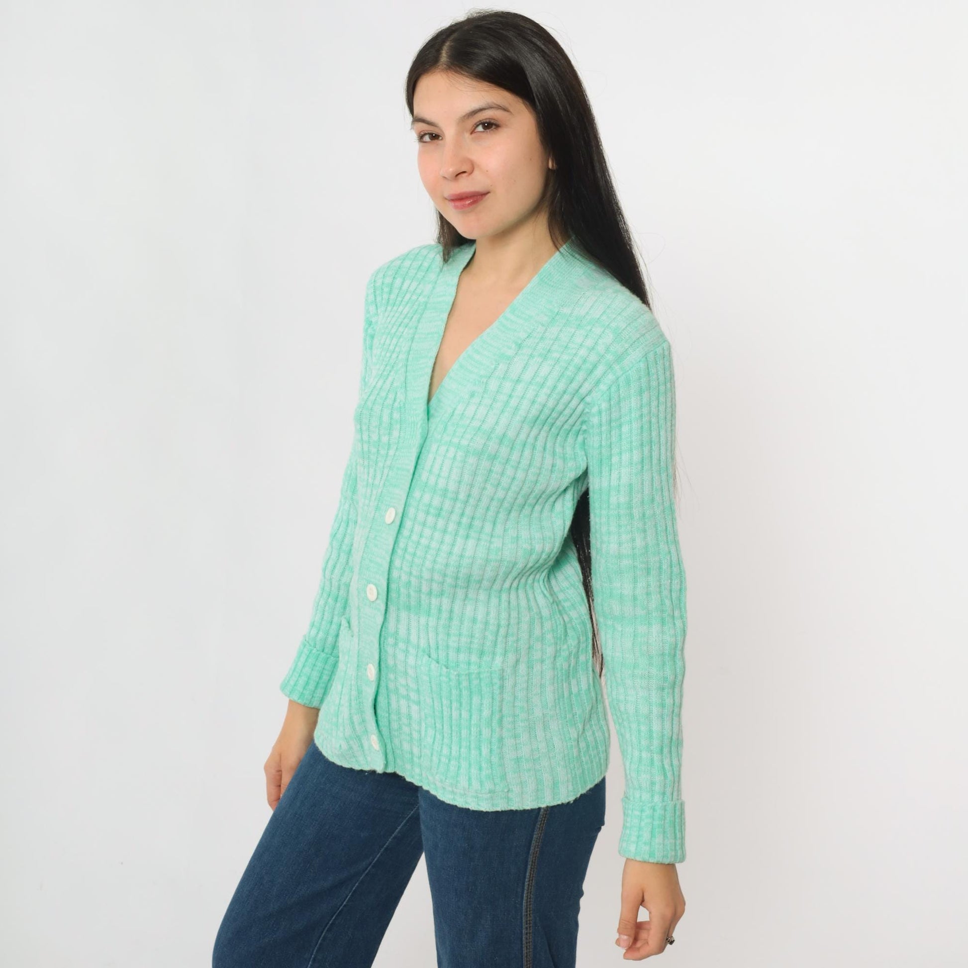 70s Space Dye Cardigan Mint Green White V-Neck Button-Up Knit Small S