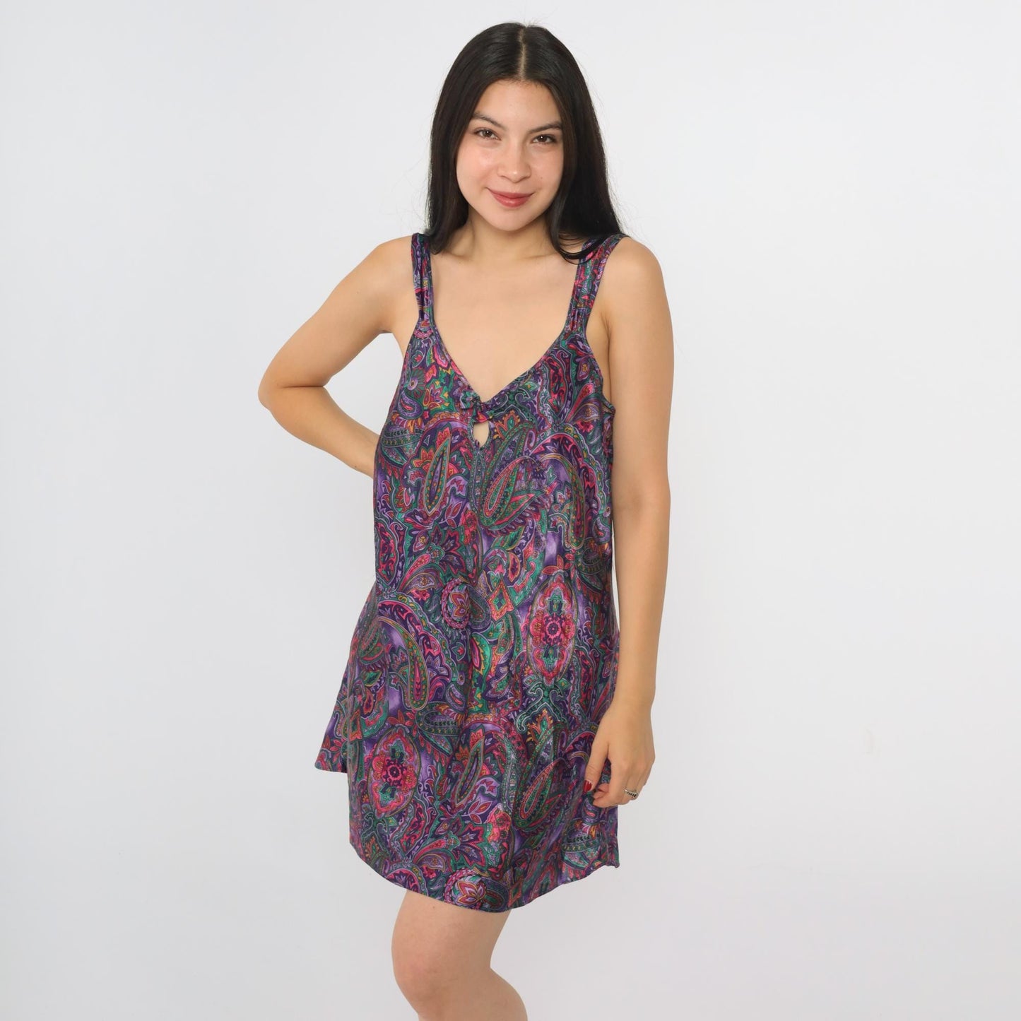 90s Purple Paisley Satin Slip Dress Keyhole V-Neck Mini Chemise Medium