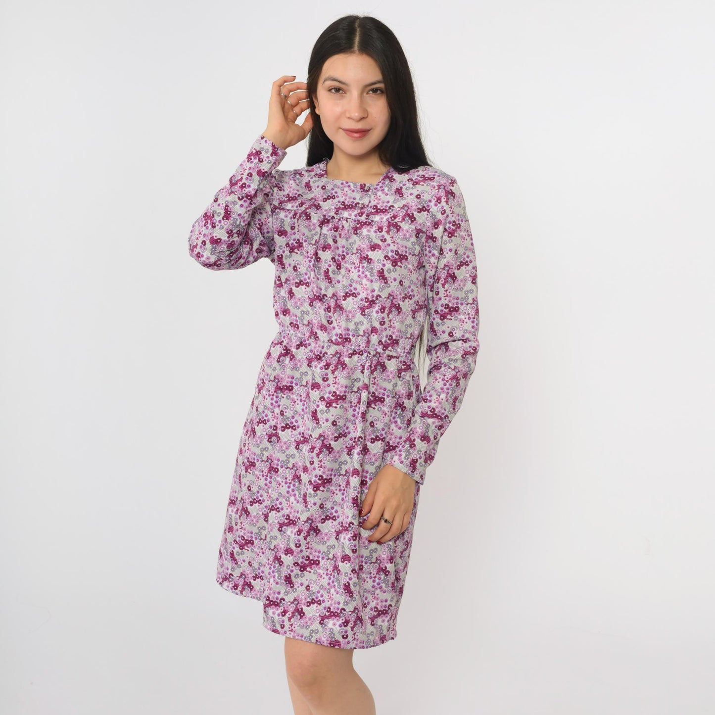 70s Purple Floral Abstract Mini Dress Long Sleeve High Waist Square Neck Small
