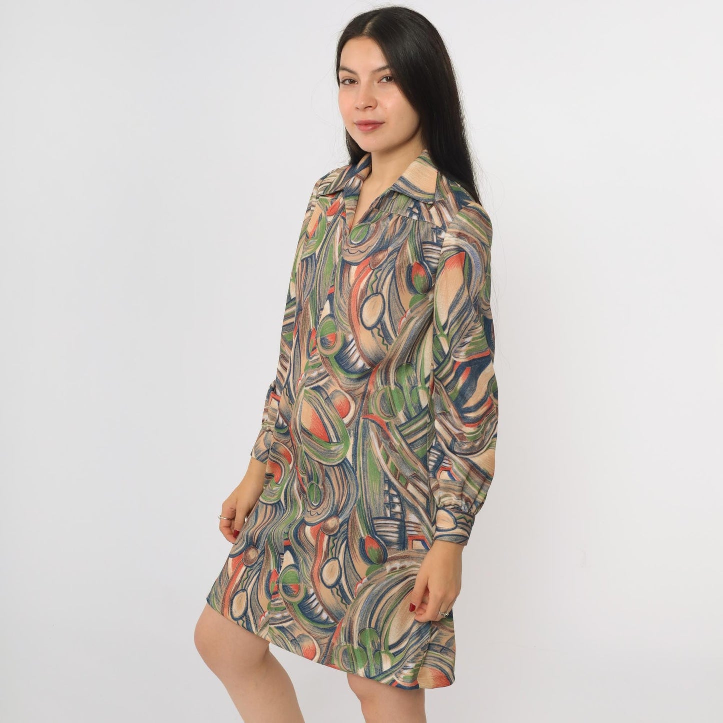 70s Geometric Abstract Print Shift Dress Long Sleeve Mini Length Medium M