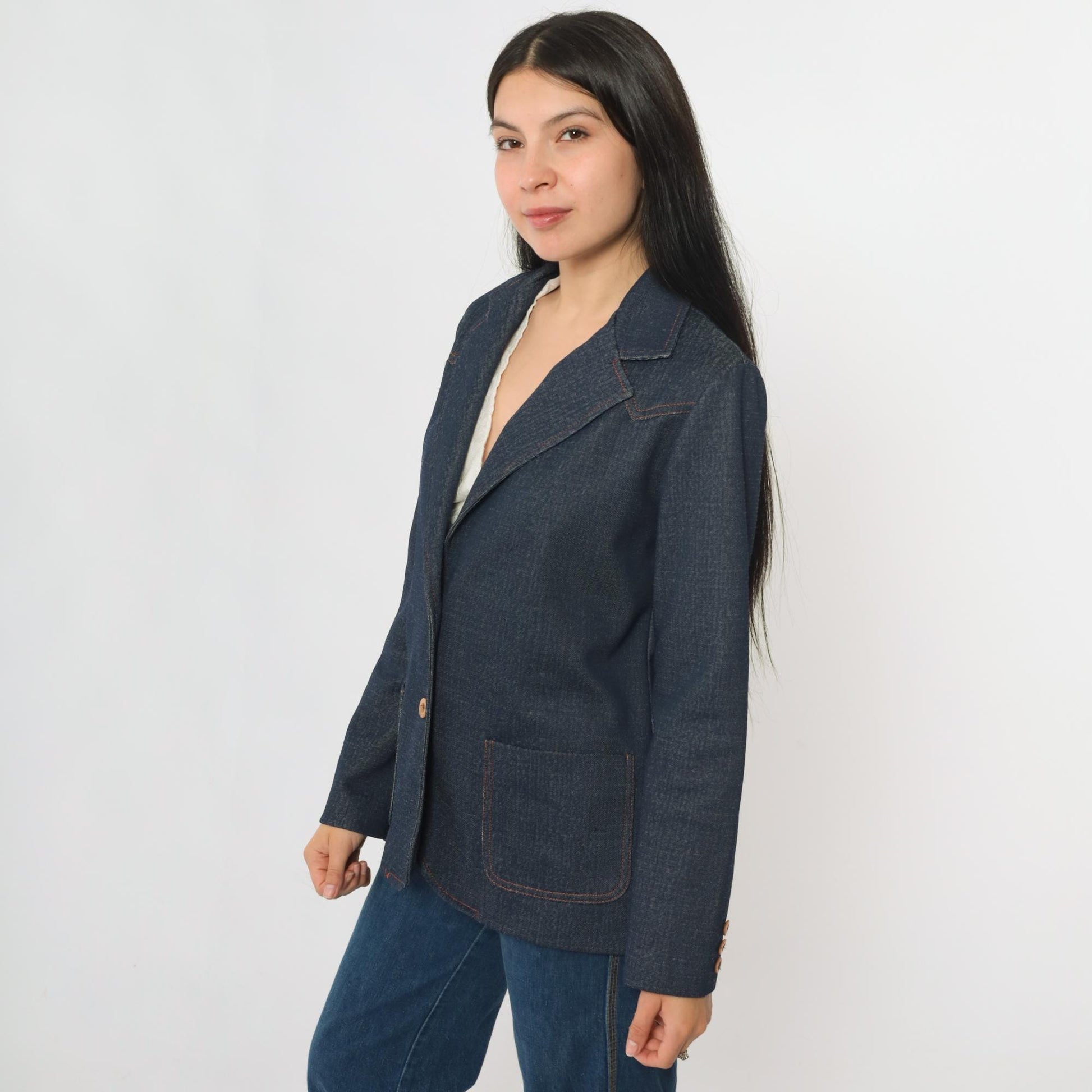 70s Dark Wash Denim Blazer Jacket Collared Button-Up Blue Medium