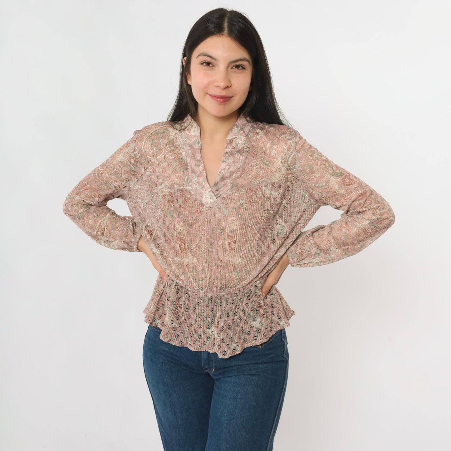 70s Pink Paisley Pleated Blouse Lace Cutouts Ruffled Collar Long Sleeve Medium
