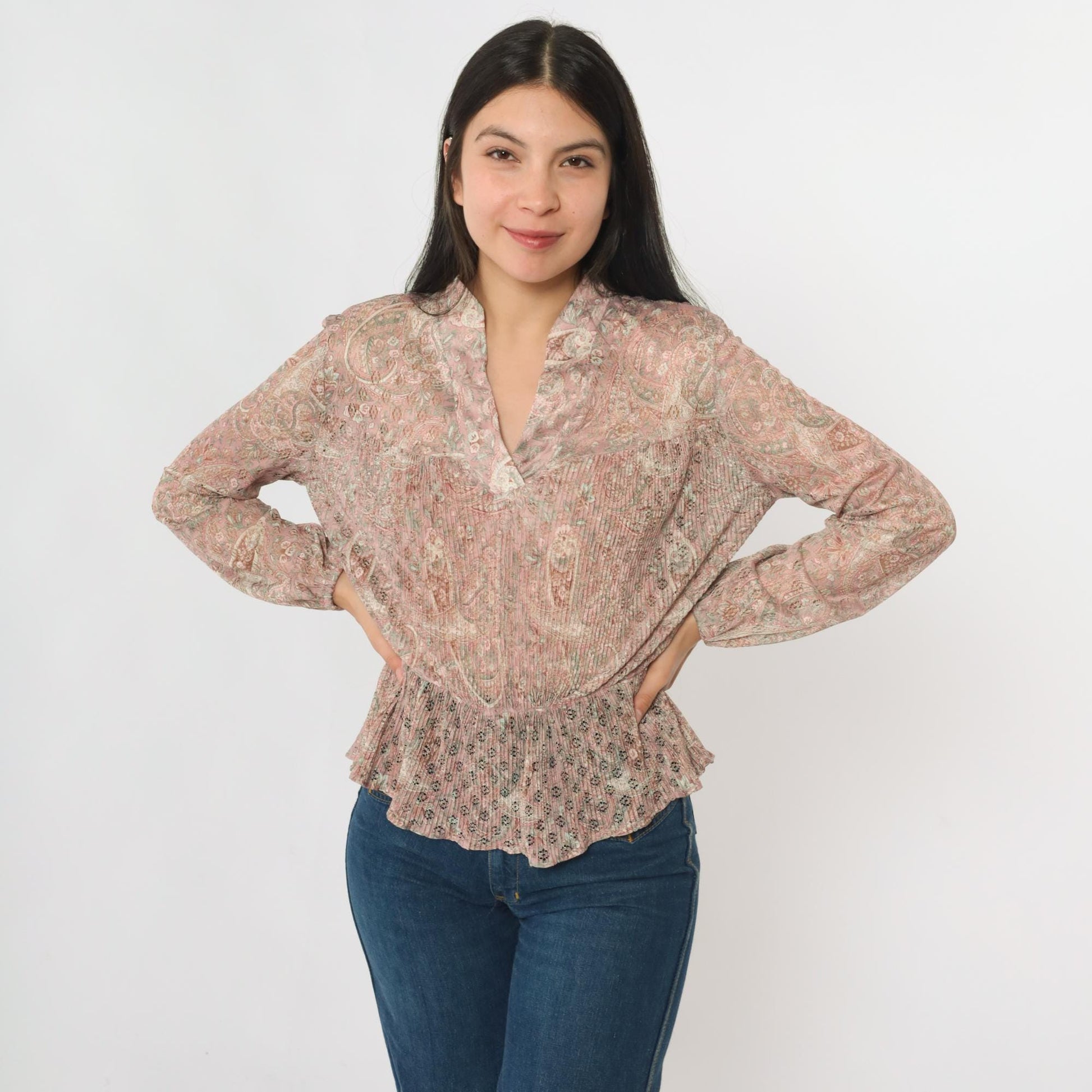 70s Pink Paisley Pleated Blouse Lace Cutouts Ruffled Collar Long Sleeve Medium