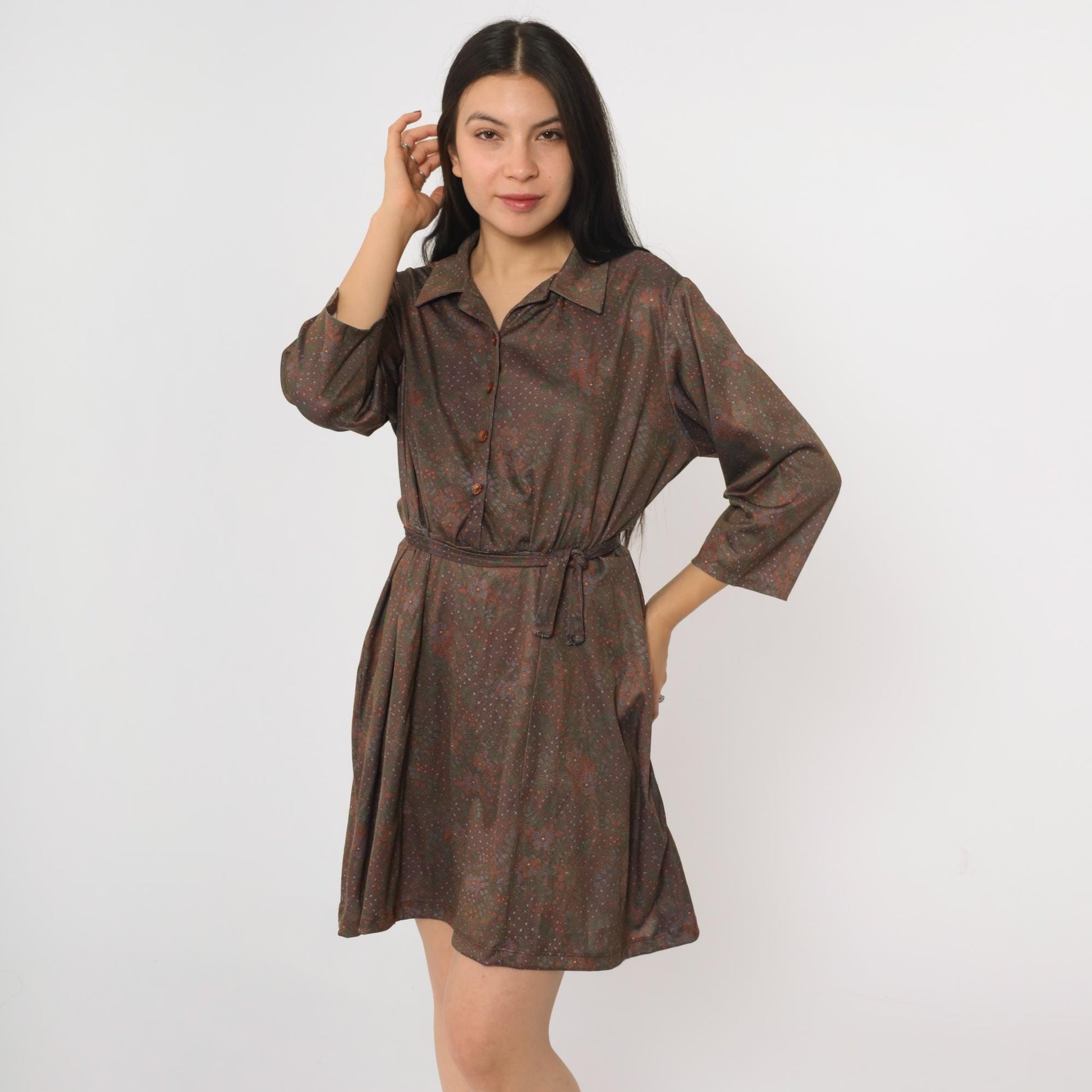 70s Brown Floral Mini Shirtdress Button-Up 3/4 Sleeve High Waist Extra Large