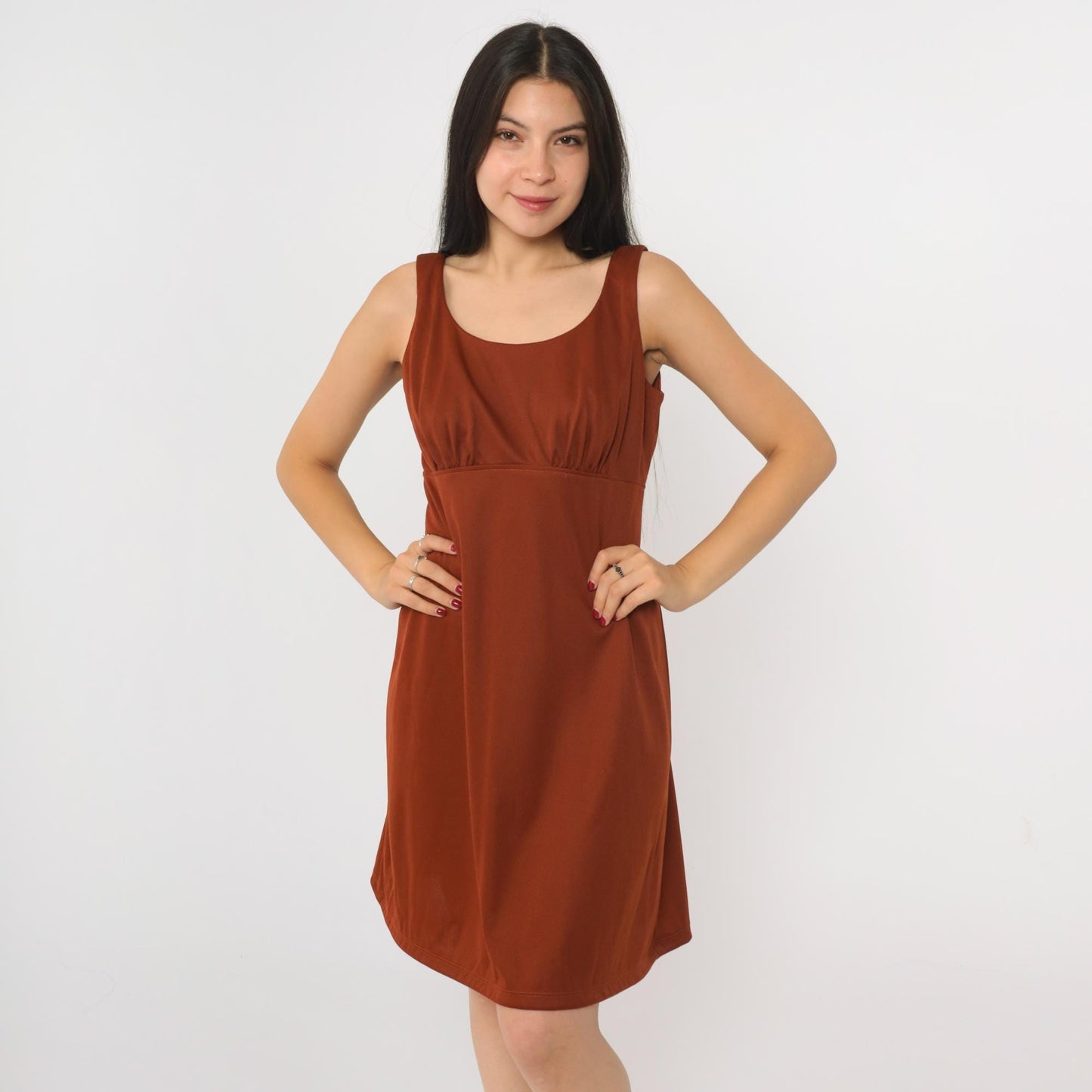 1970s Rust Brown Babydoll Mini Dress Empire Waist Scoop Neck Sleeveless Small