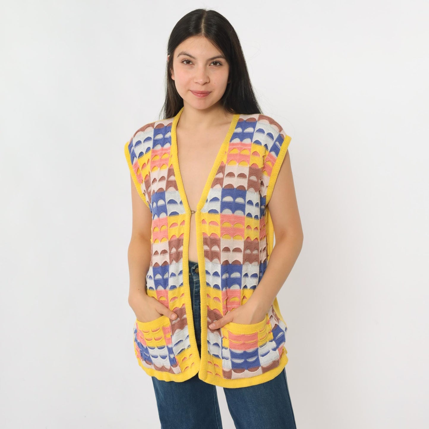 70s Patchwork Knit Vest Yellow Multicolor Open Front Sleeveless Large L