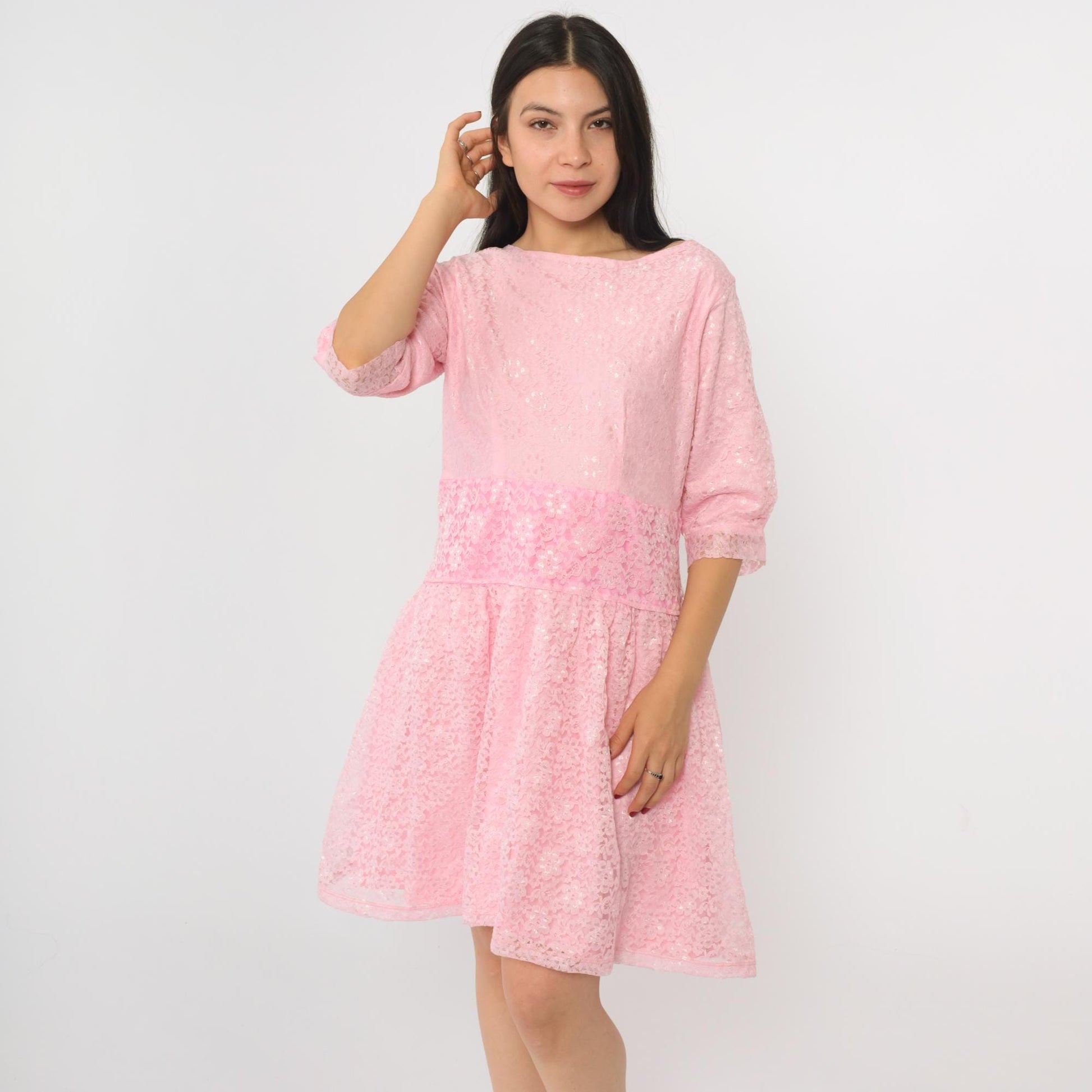 80s Baby Pink Lace Mini Dress Drop Waist Half Sleeve Gathered Skirt Medium M