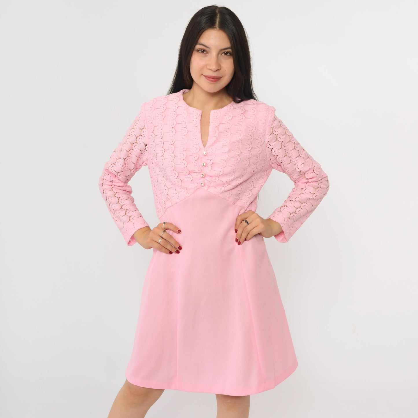 70s Baby Pink Lace Mini Dress Rhinestone Buttons High Waist Long Sleeve Medium M