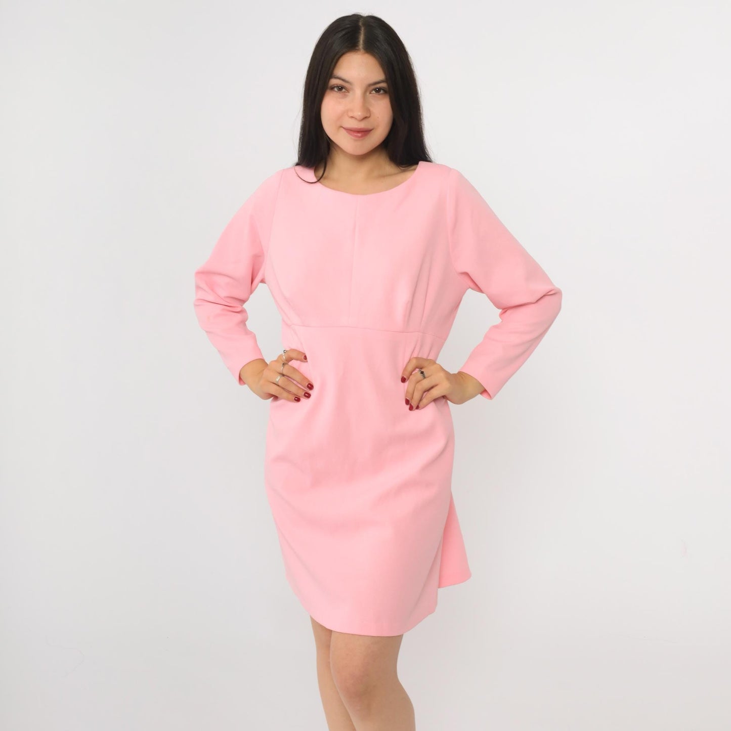 70s Pink Empire Waist Mini Dress Long Sleeve Flared Skirt Medium M