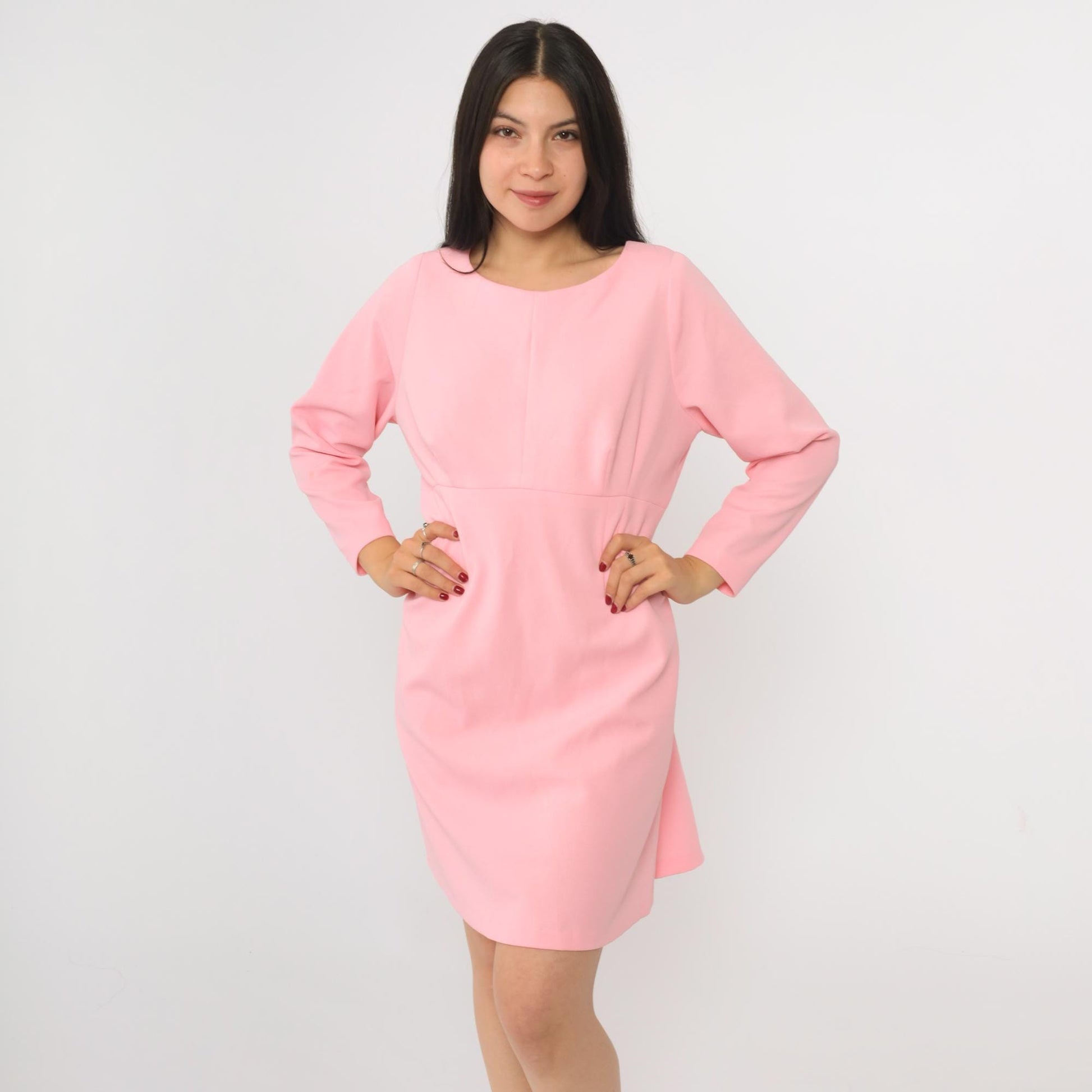 70s Pink Empire Waist Mini Dress Long Sleeve Flared Skirt Medium M