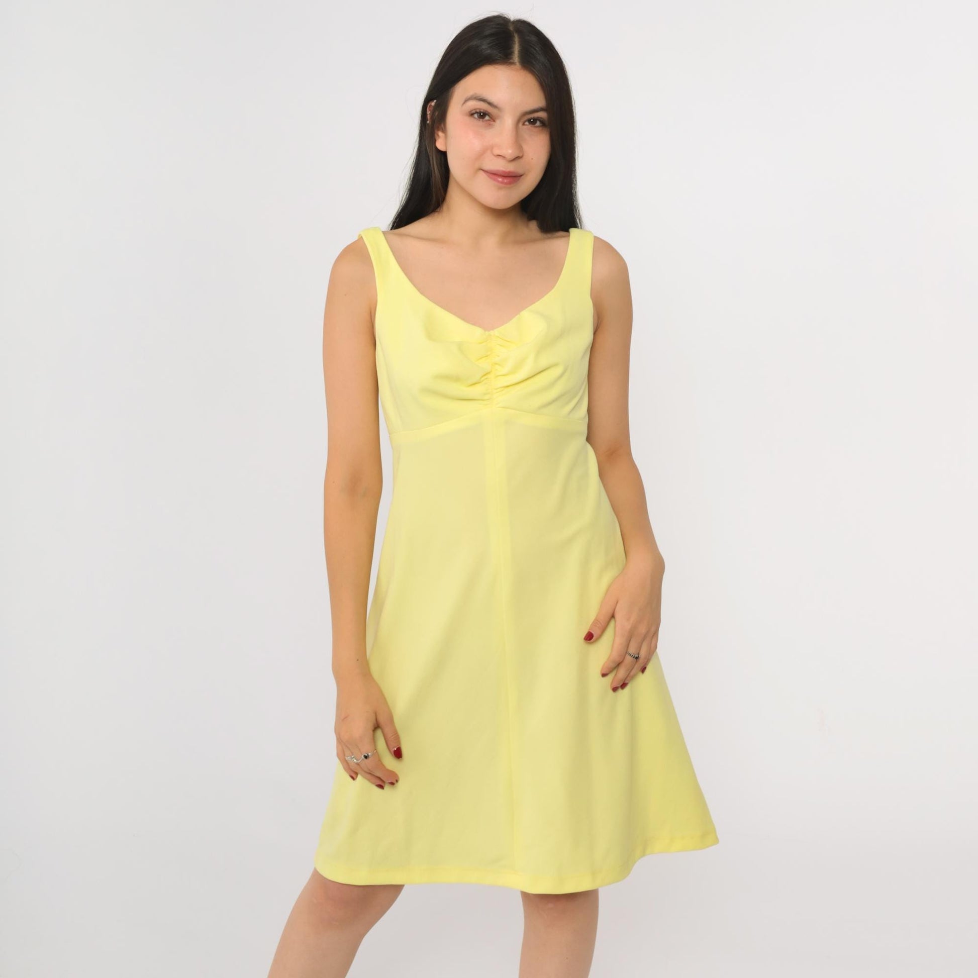 70s Yellow Babydoll Mini Dress Empire Waist Scoop Neck Sleeveless Small