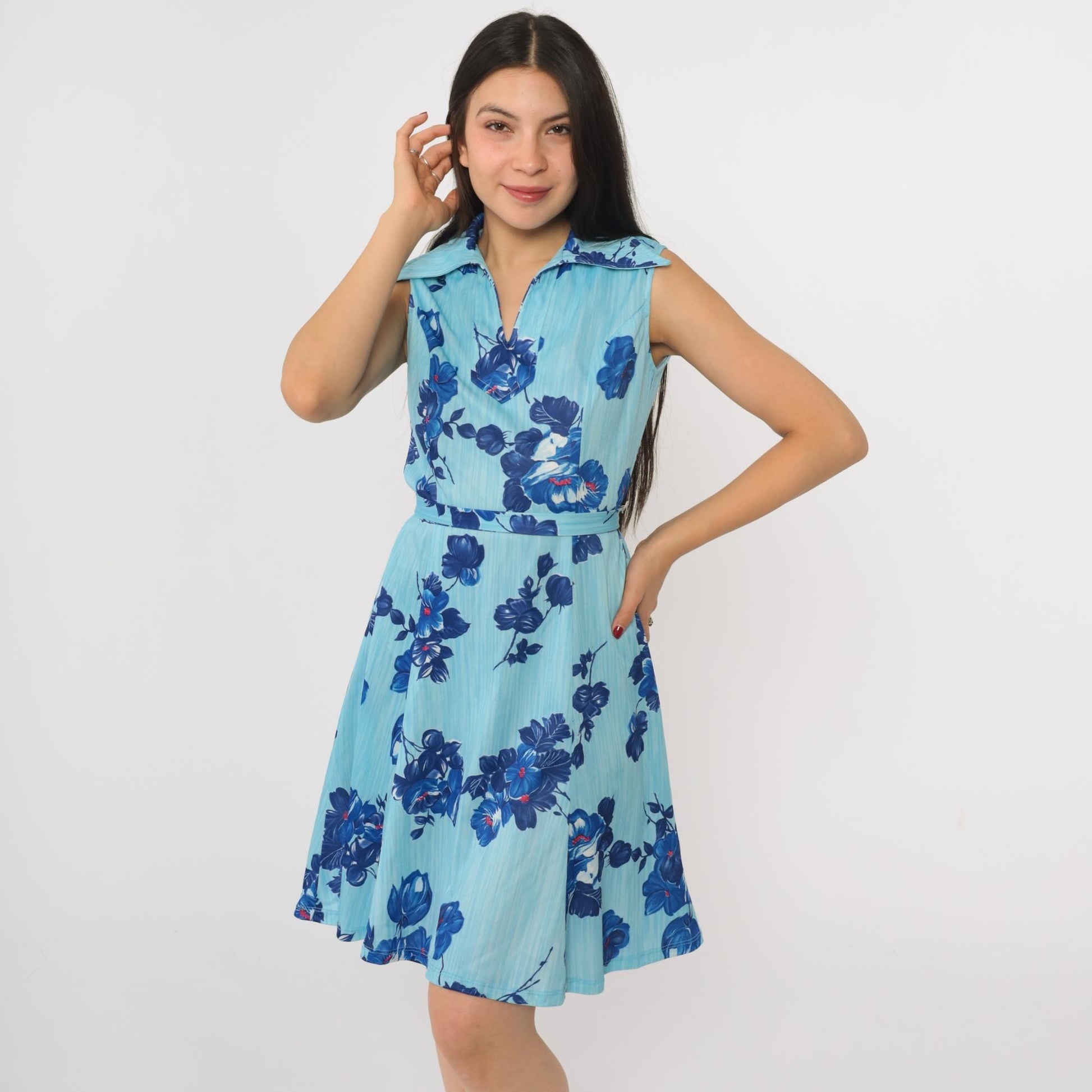 70s Mod Floral Mini Dress Two-Tone Blue A-Line Shift Sleeveless Small