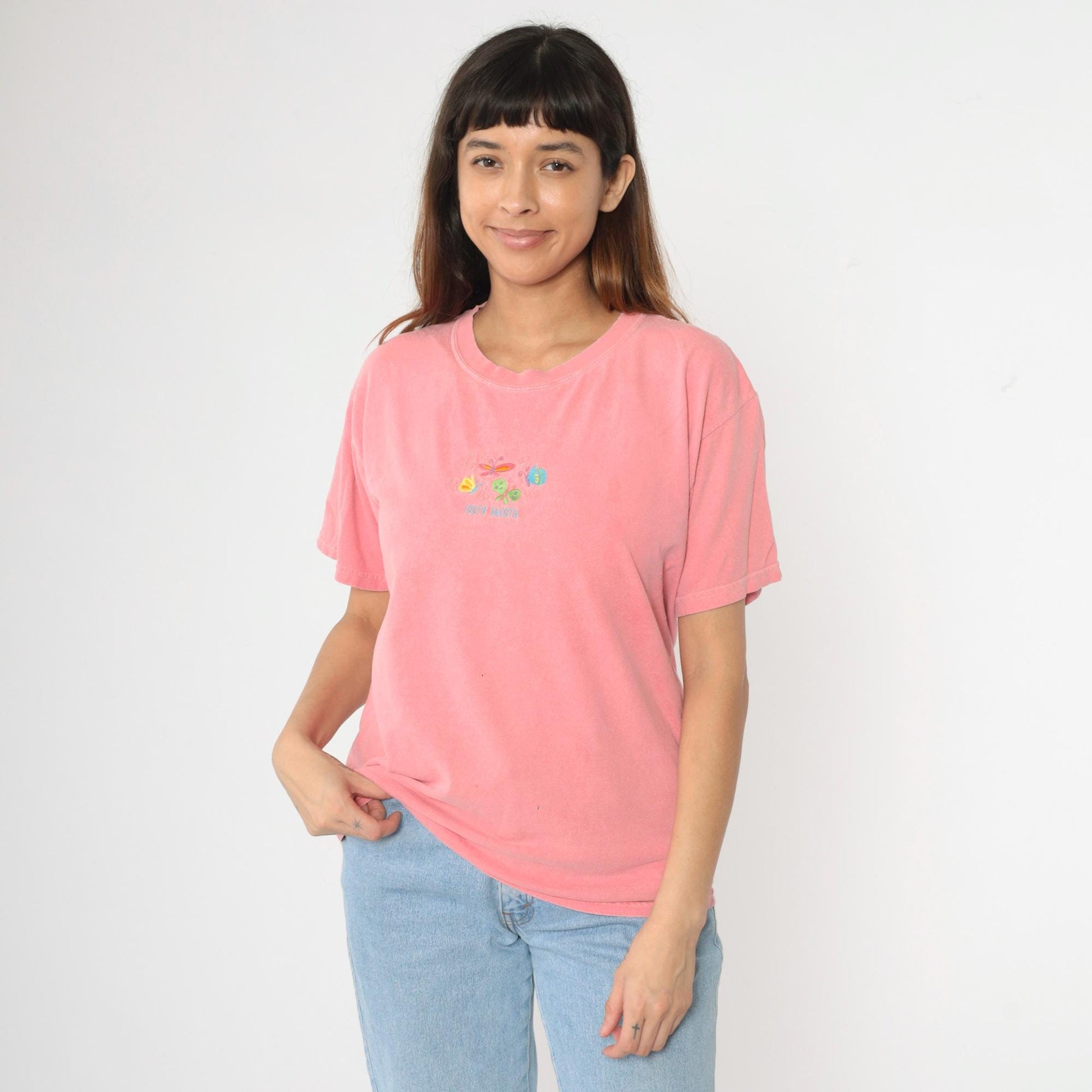 Y2K South Dakota Butterfly Embroidered Pink Graphic Tee Cotton Medium