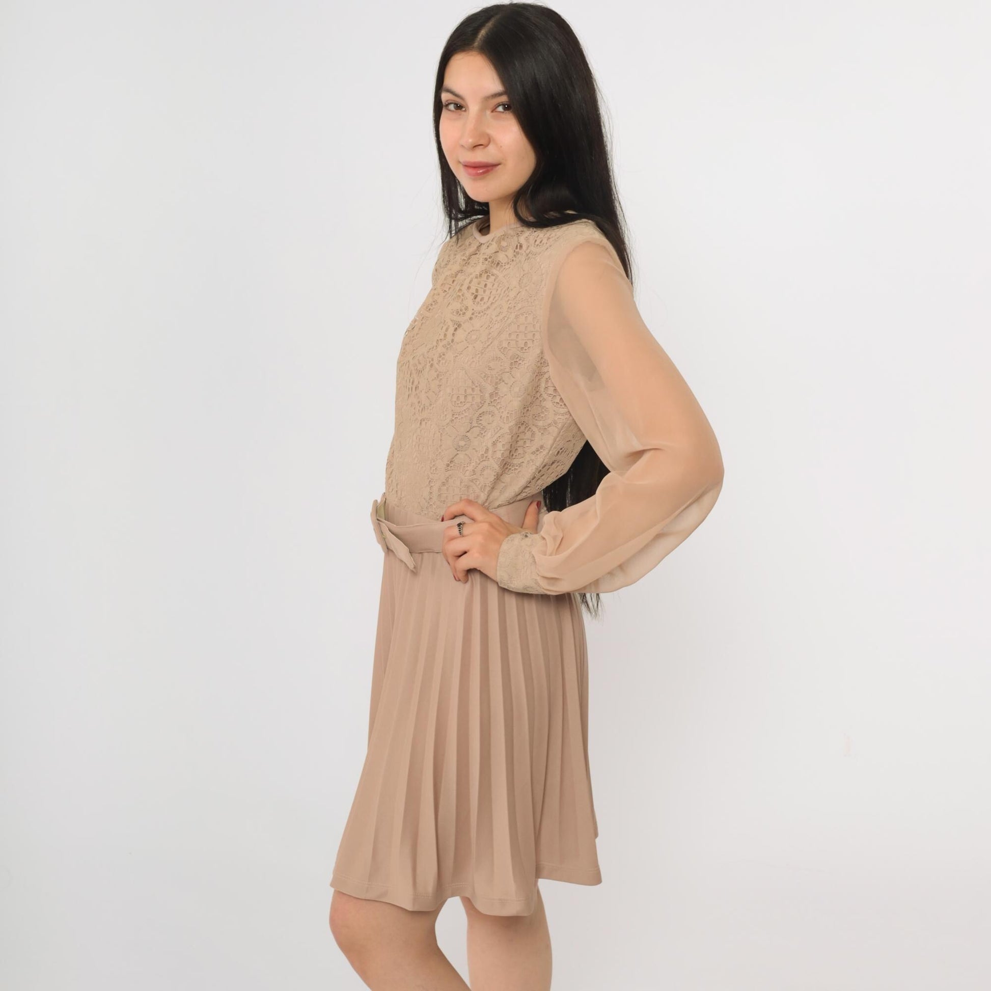 70s Taupe Lace Crochet Mini Dress High Waist Pleated Chiffon Sleeve Small