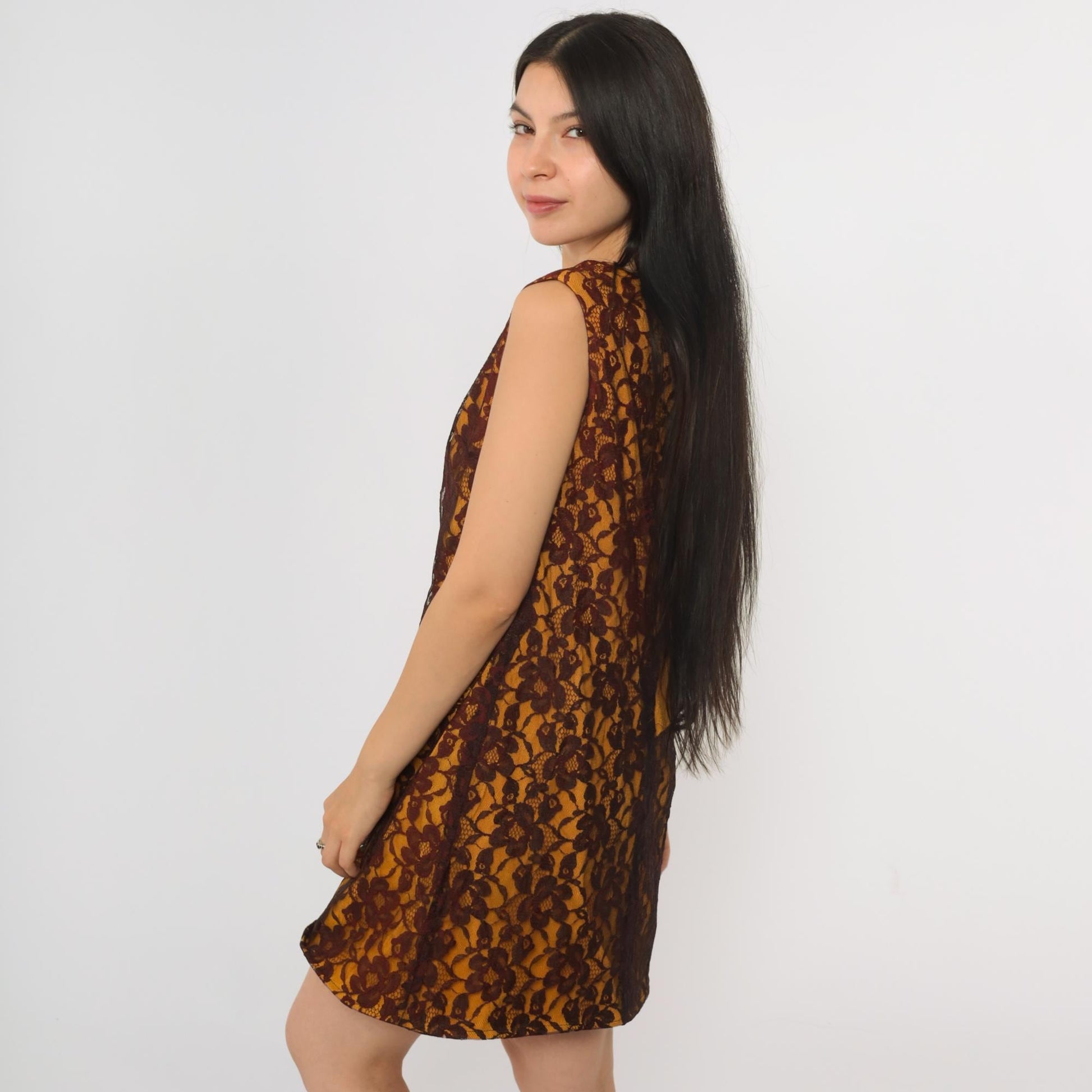 60s Orange Lace Cocktail Dress Shift Sleeveless Mini Small S
