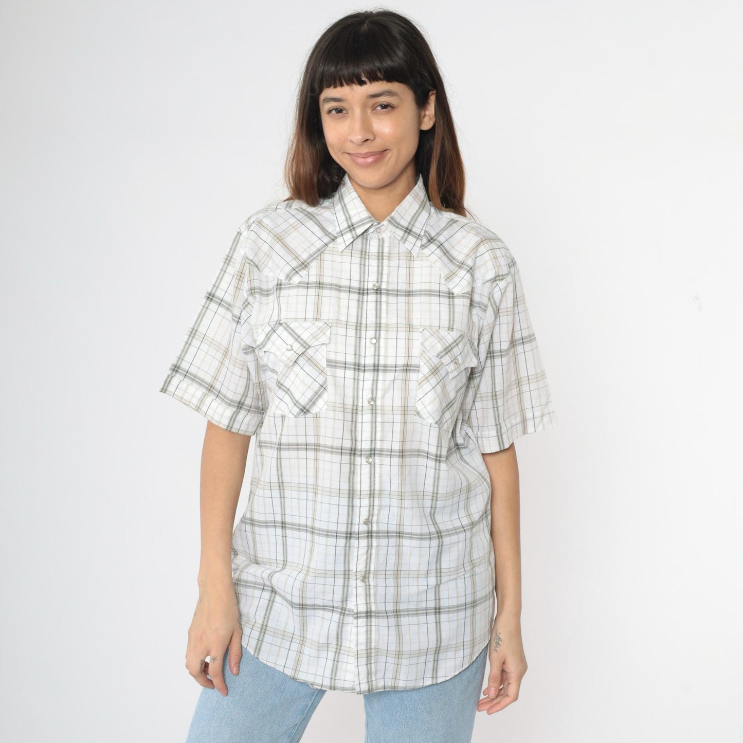 90s Plains Westernwear Pearl Snap Shirt White Plaid Short Sleeve Men's Medium