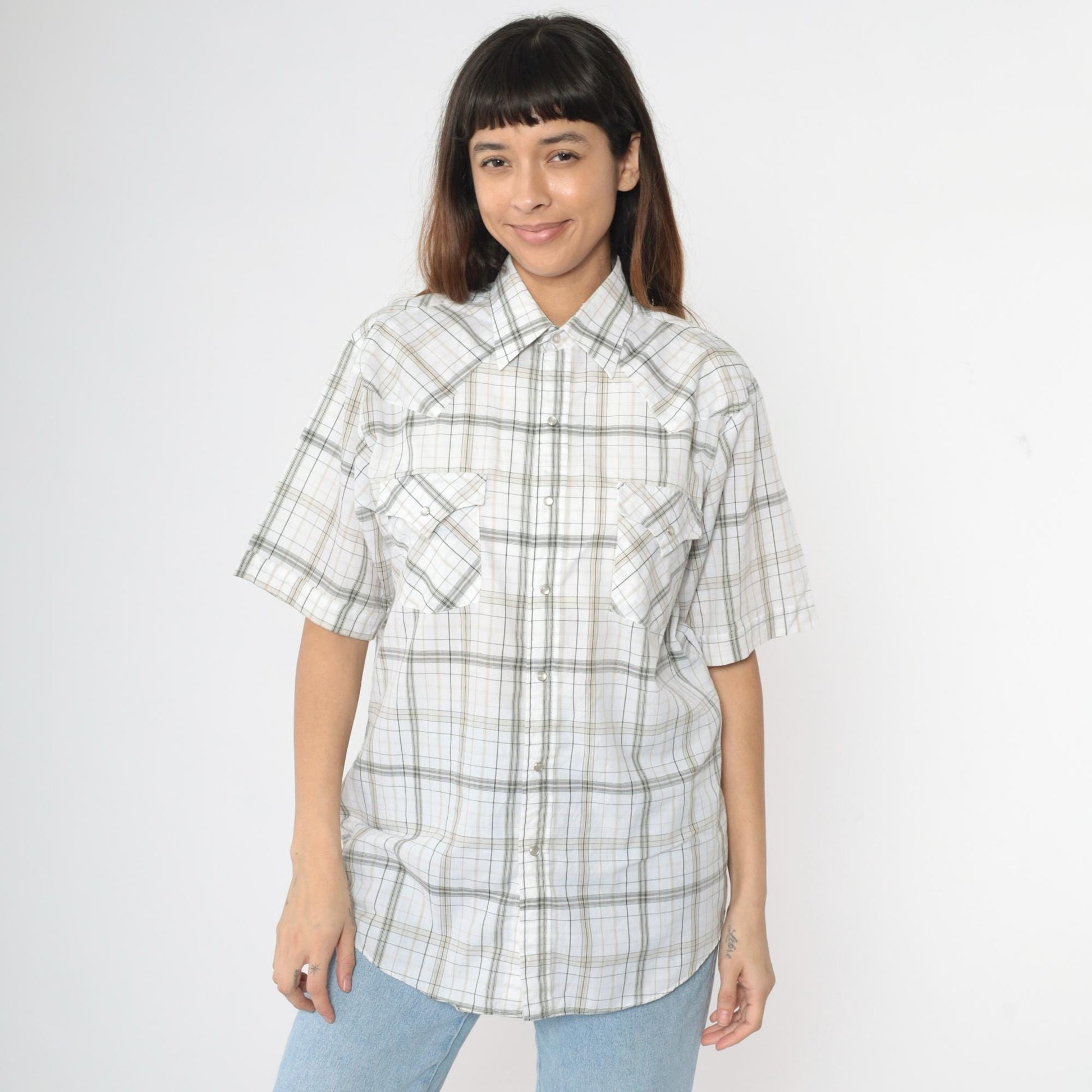 90s Plains Westernwear Pearl Snap Shirt White Plaid Short Sleeve Men's Medium