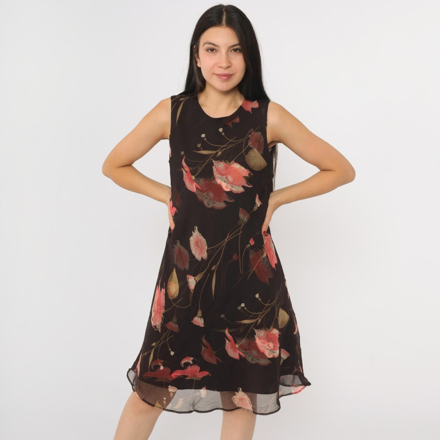 90s Jessica Howard Brown Floral Chiffon Midi Dress Sleeveless Medium M