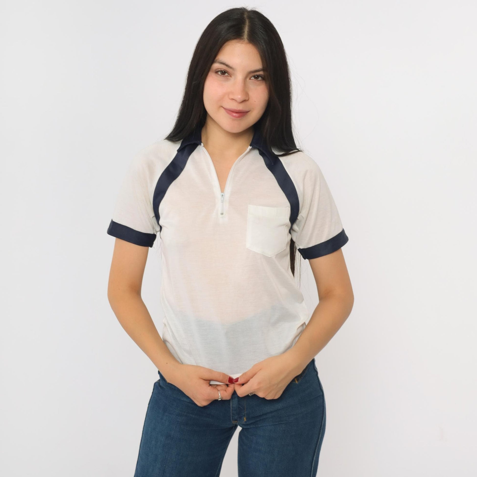 80s Bardor White Polo Shirt Navy Striped Quarter Zip Short Sleeve XXS