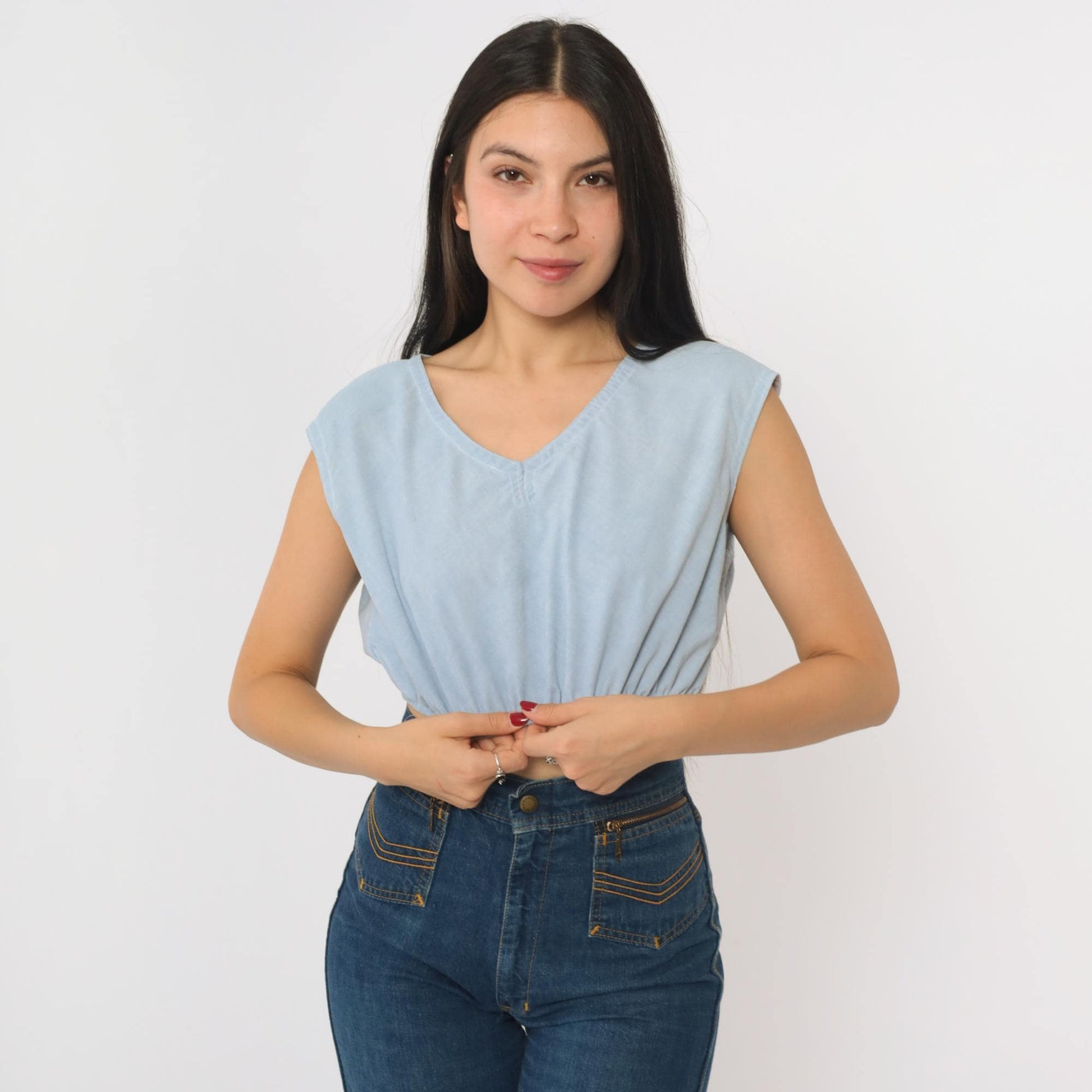 80s Light Blue Crop Top V-Neck Cap Sleeve Small