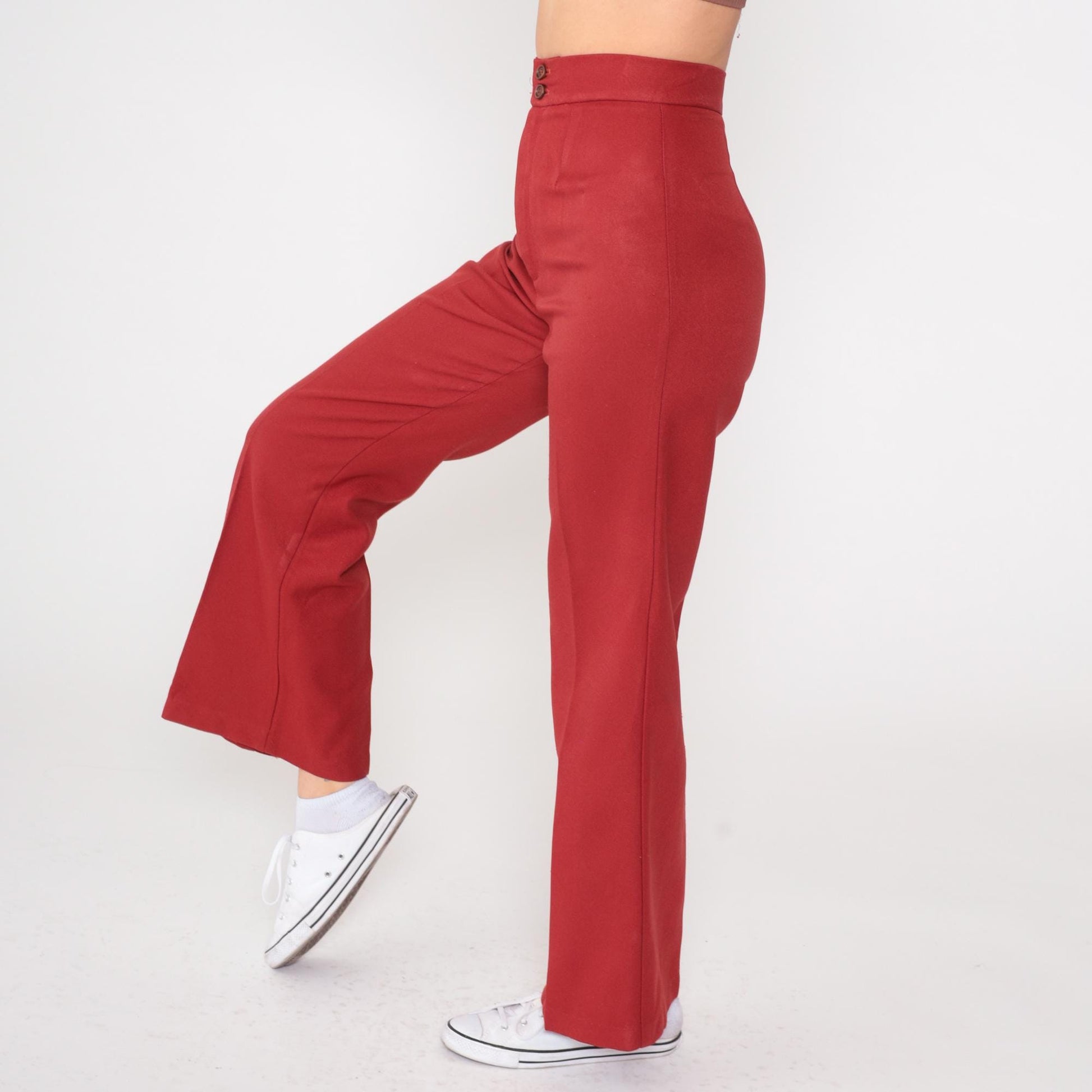 70s Red High-Waisted Flared Trousers Creased Leg Vintage Extra Small