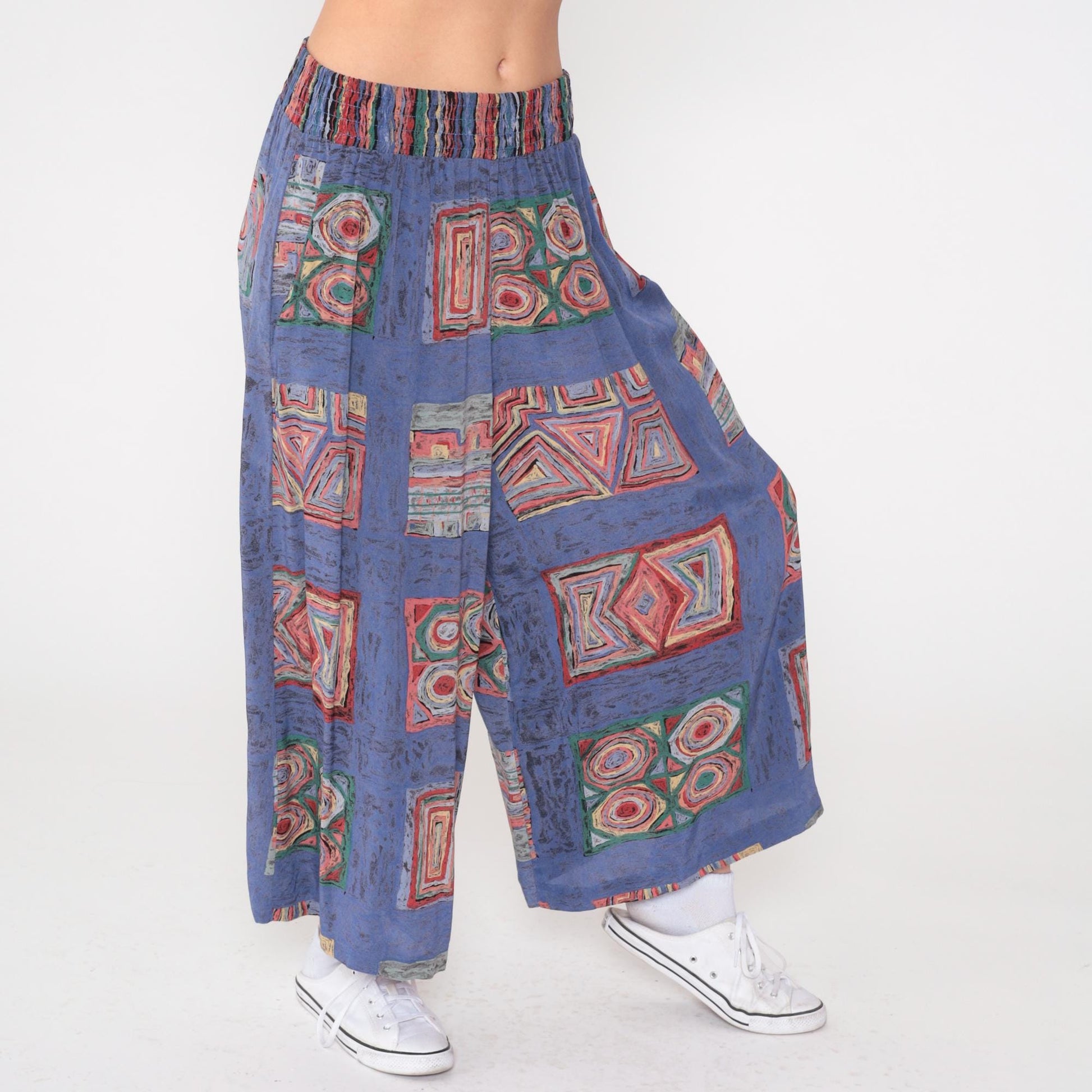 90s Christina James Wide Leg Pants Blue Geometric Patchwork High Waist Small