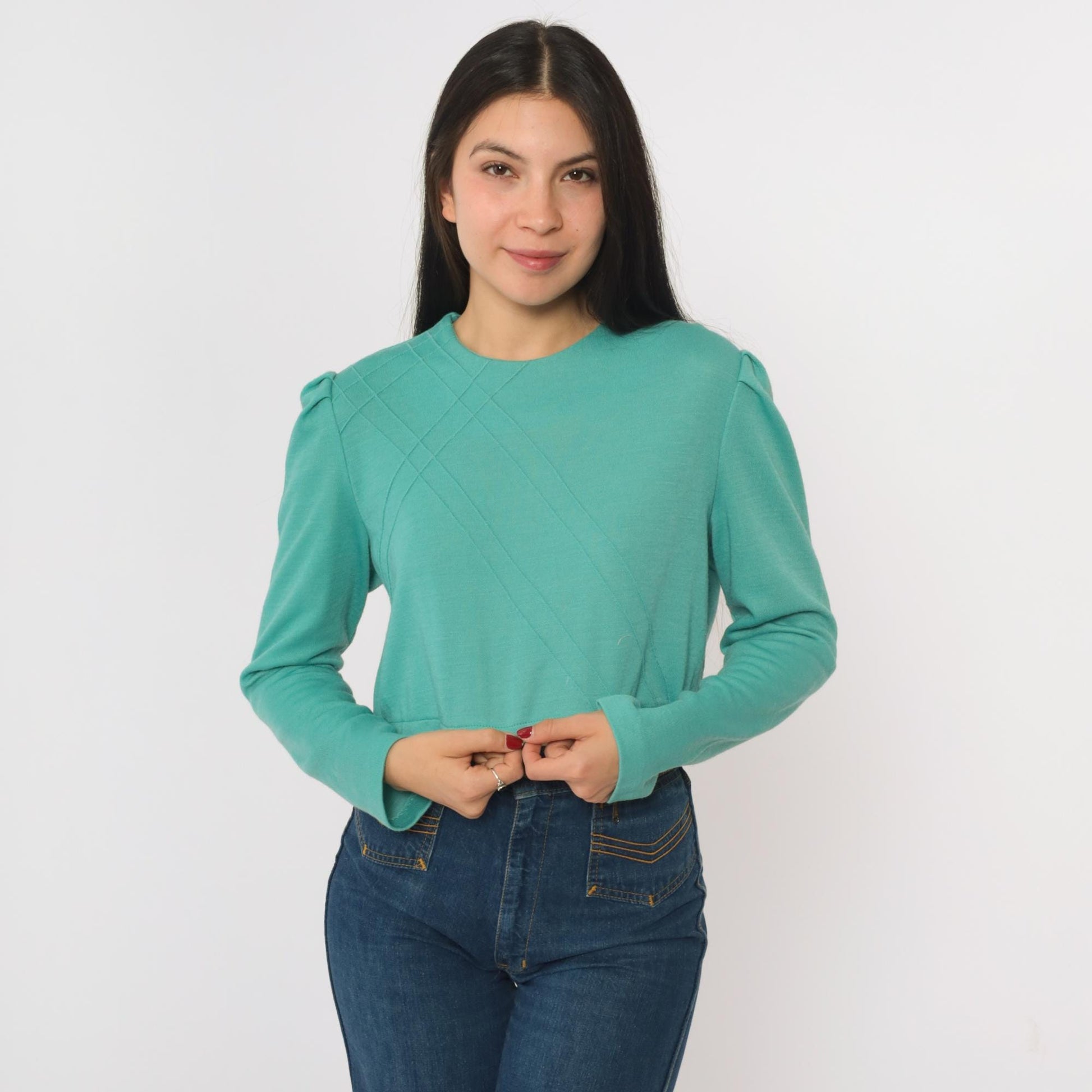 80s Green Puff Sleeve Crop Top Lattice Texture Wool Blend Medium