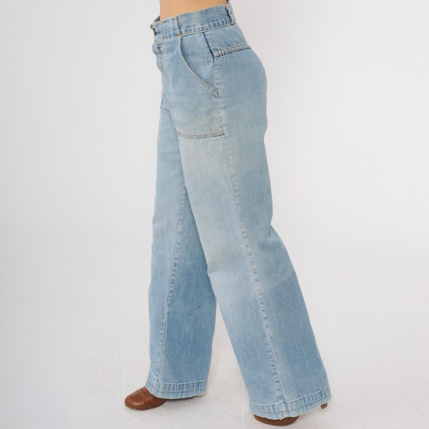 70s Wide Leg Jeans Faded Blue Denim High Waist Bell Bottom Small