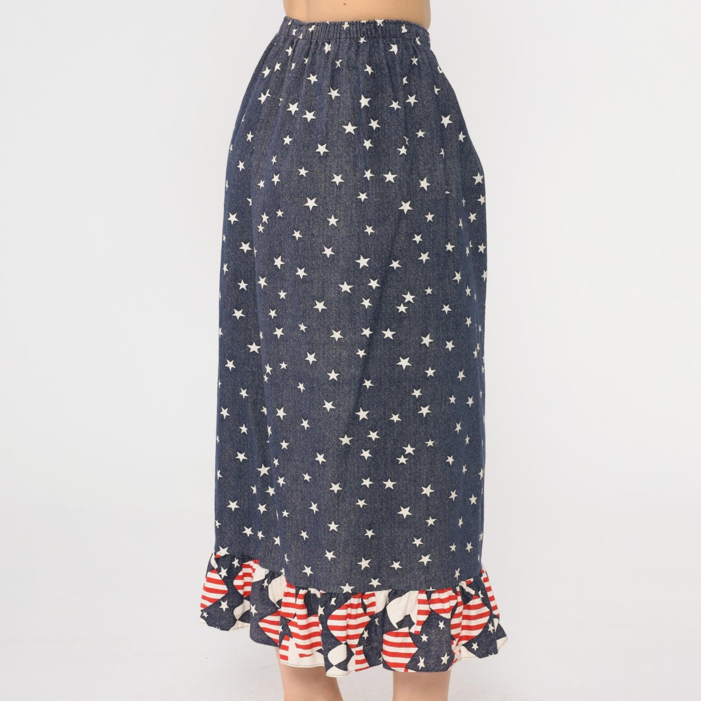 90s Patriotic Midi Skirt American Flag Star Print Ruffle Hem Red White Blue XS