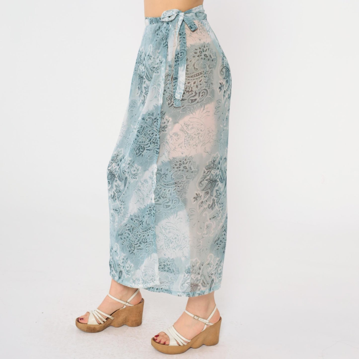 00s Blue Paisley Floral Wrap Maxi Skirt High Waist Tie Ankle Length Small