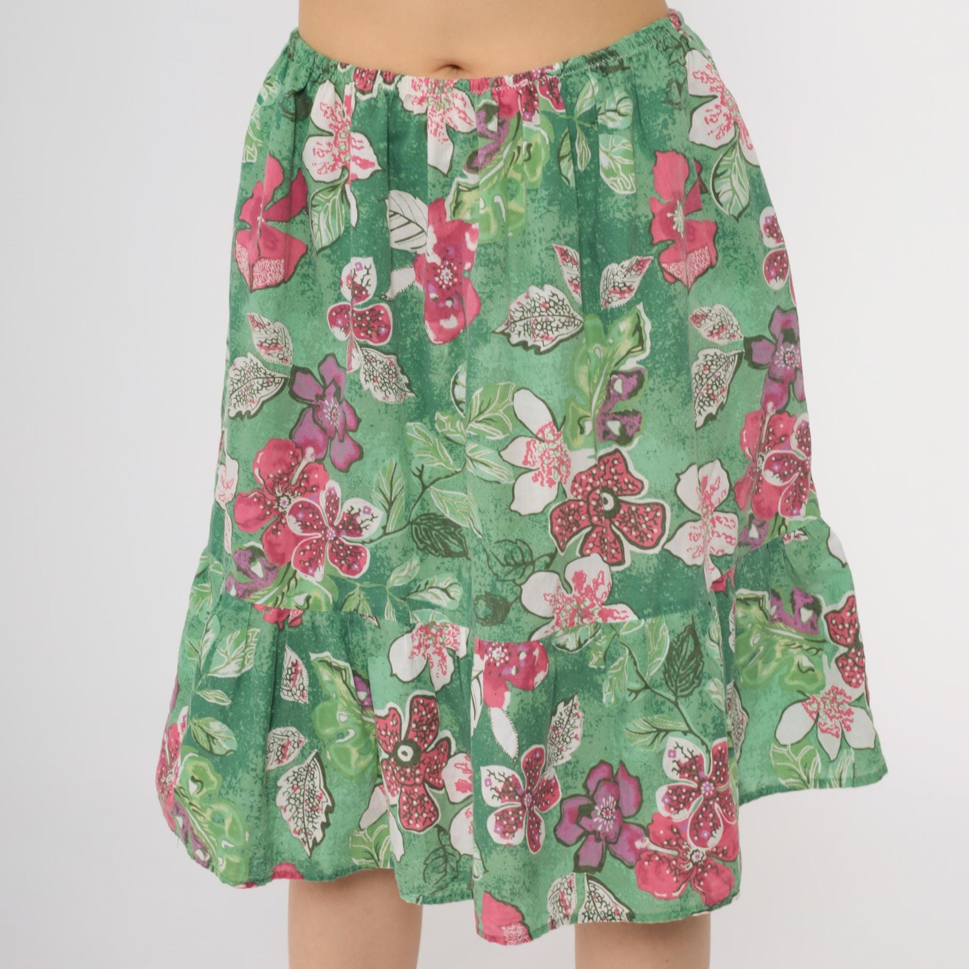 80s Green Floral Tiered Skirt High Waist Pink Print Knee Length Small Medium