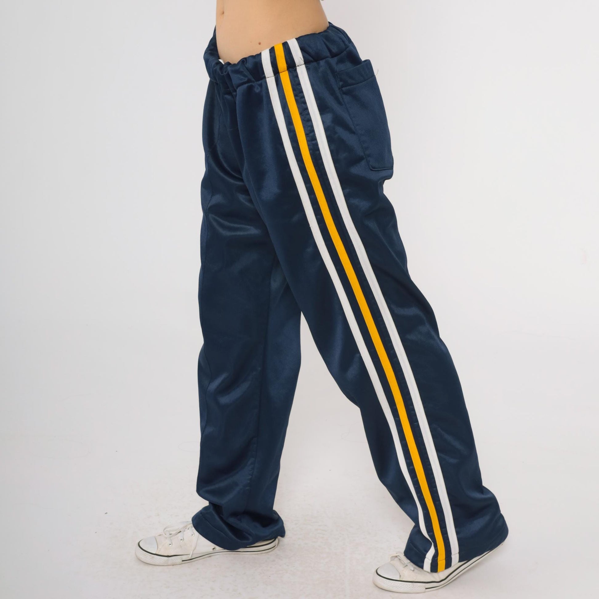 80s Navy Track Pants White Yellow Stripe Wide Leg Elastic Waist Medium Large