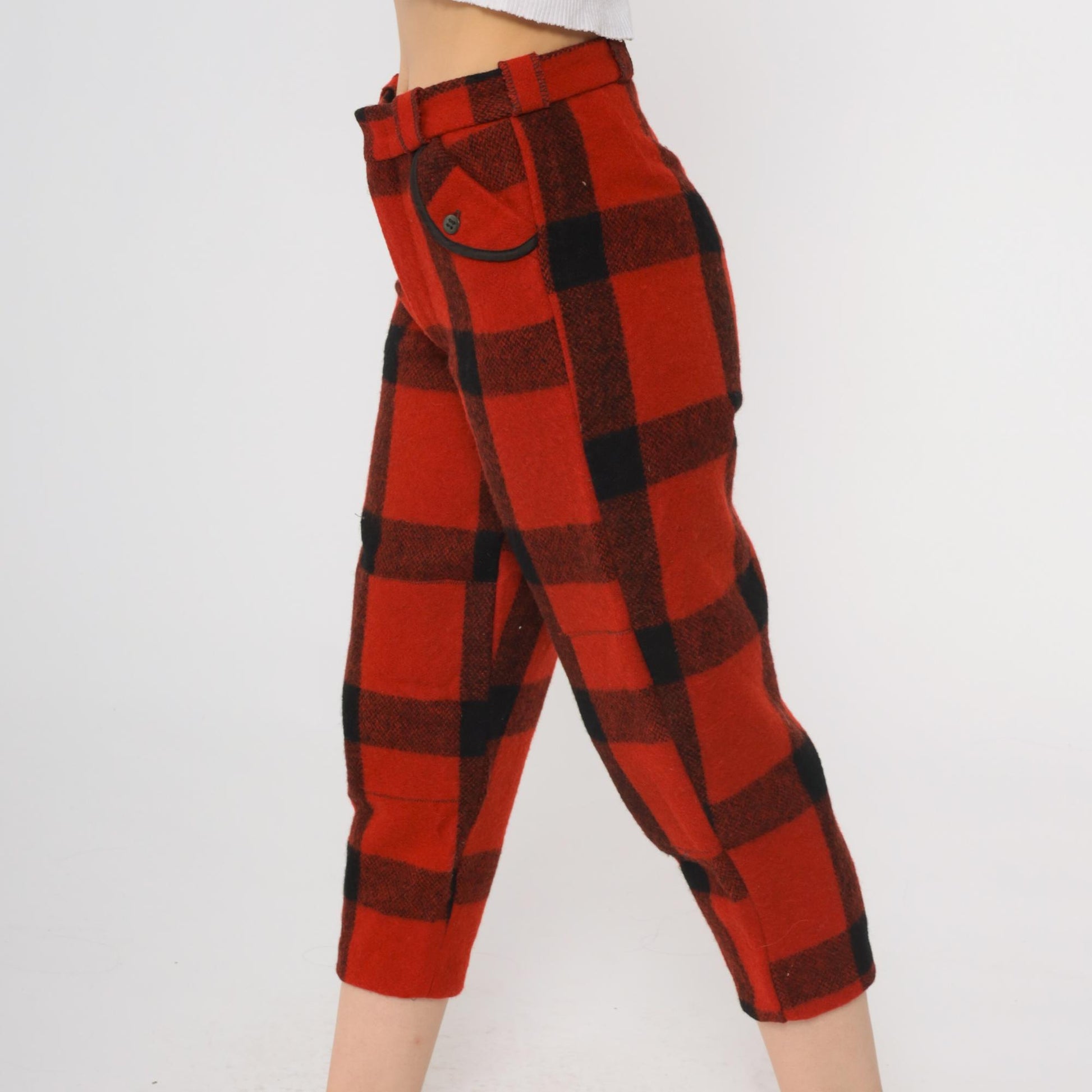 70s Buffalo Plaid Wool Capris Red Black High Waisted Cropped Pants Small