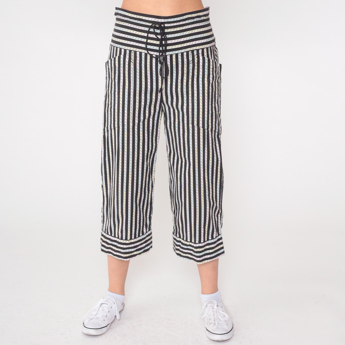 80s La Blanca Sport Striped High-Waist Drawstring Pants Black Pastel Extra Small