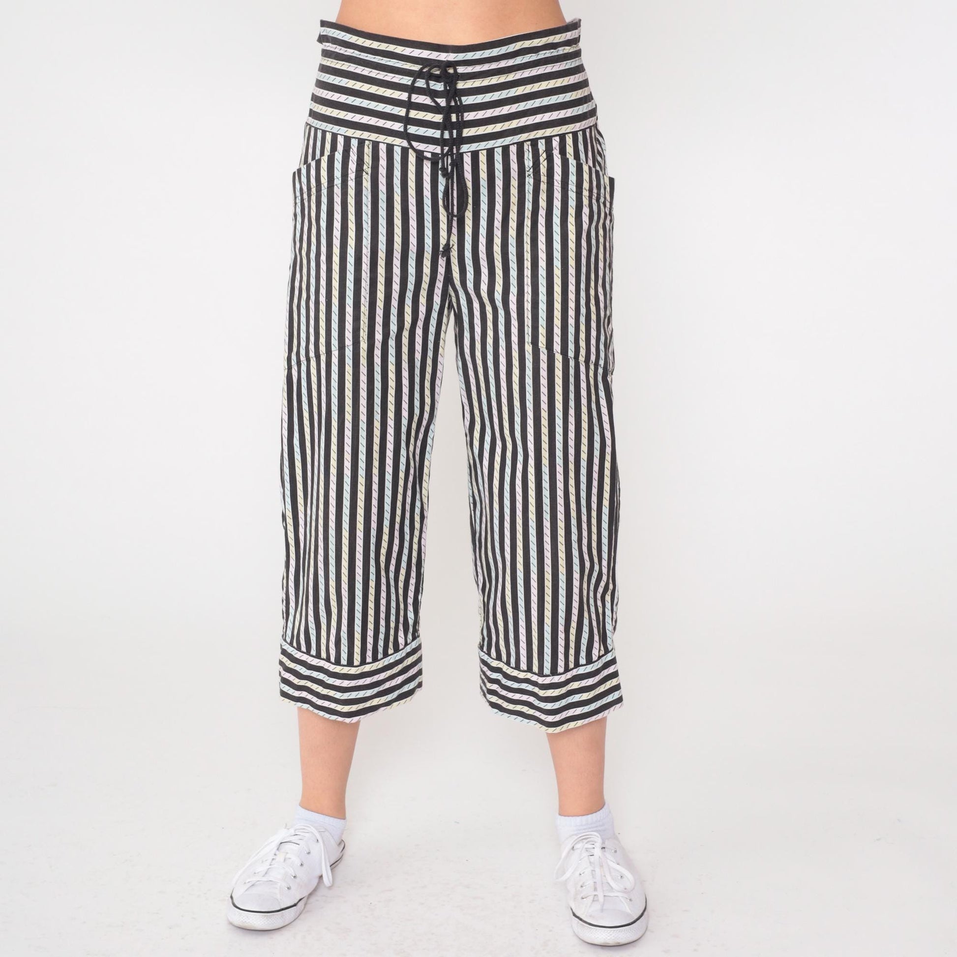 80s La Blanca Sport Striped High-Waist Drawstring Pants Black Pastel Extra Small
