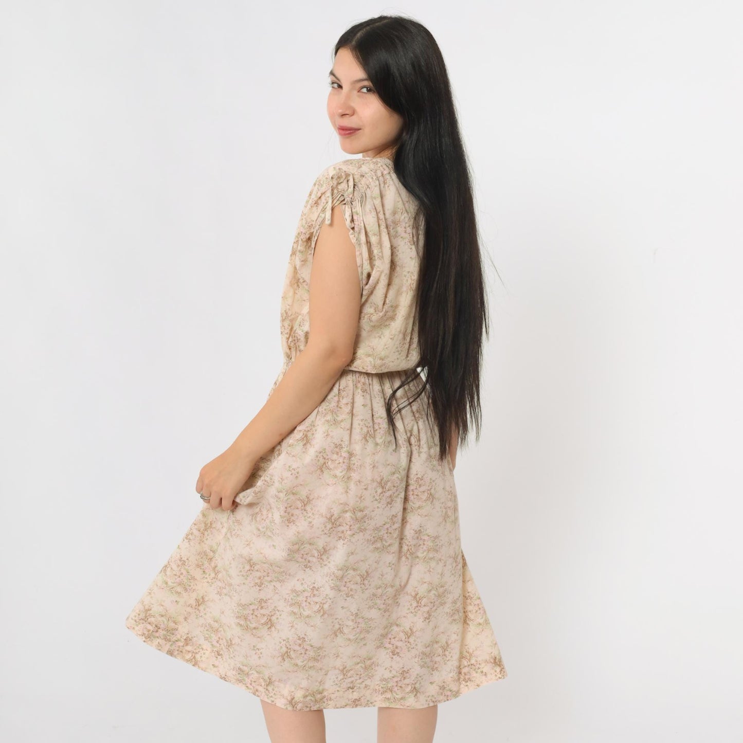 70s Floral Midi Dress Cream High Waist Cap Sleeve V Neck Small S