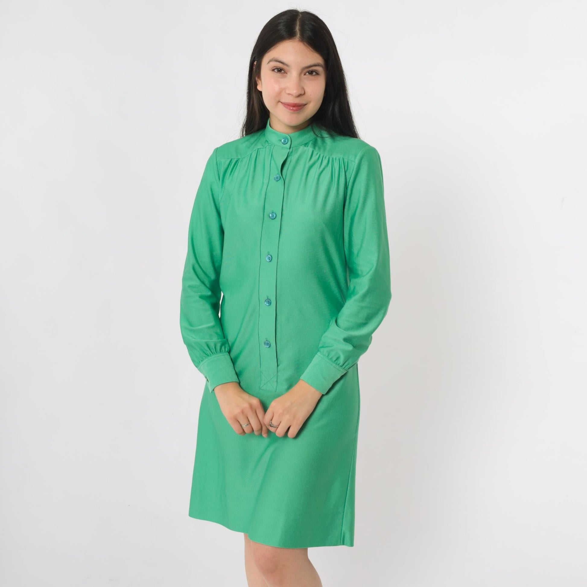 70s Green Mini Shift Dress Button-Up Long Sleeve High Neck Extra Small