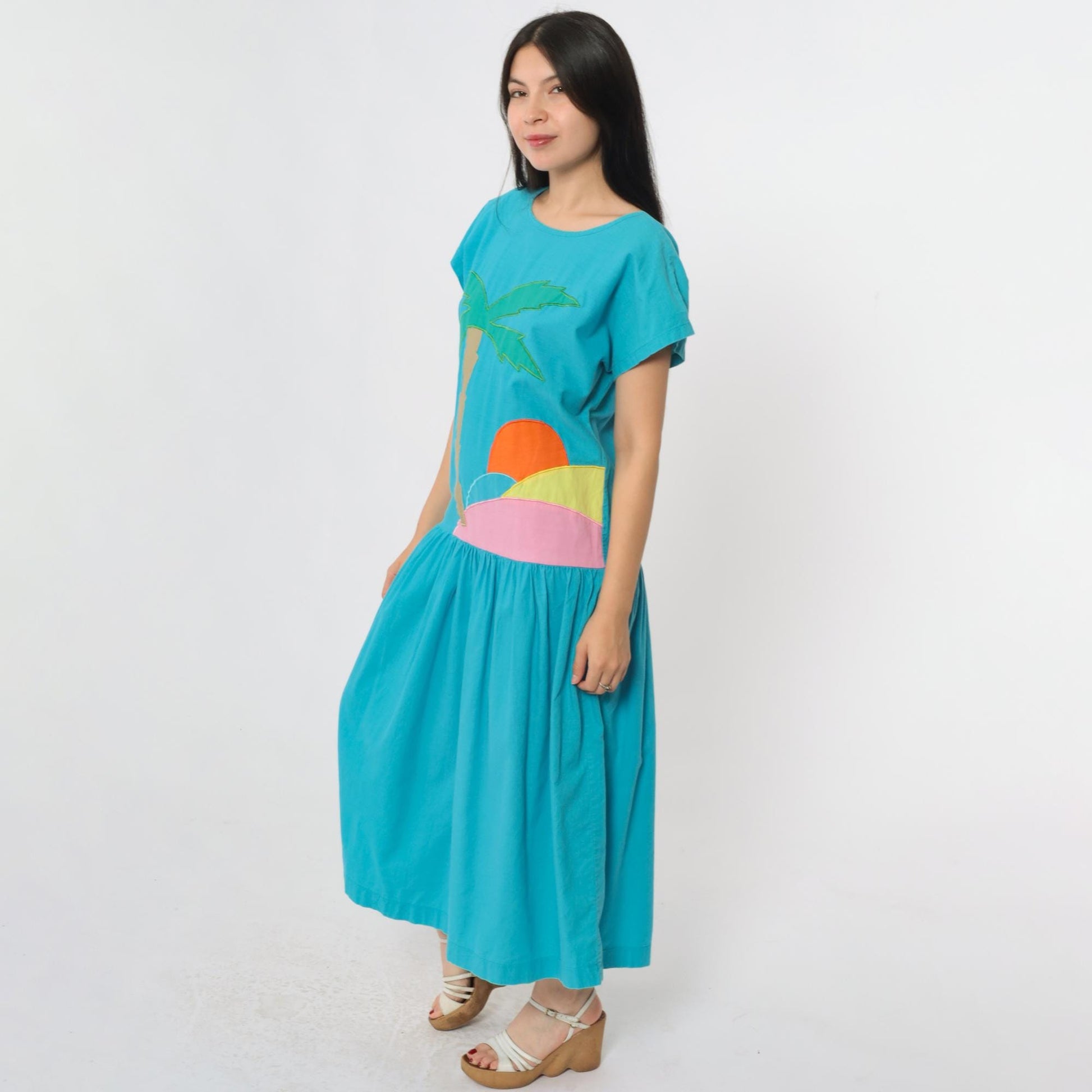 80s Turquoise Tropical Palm Tree Midi Dress Keyhole Back Drop Waist Small