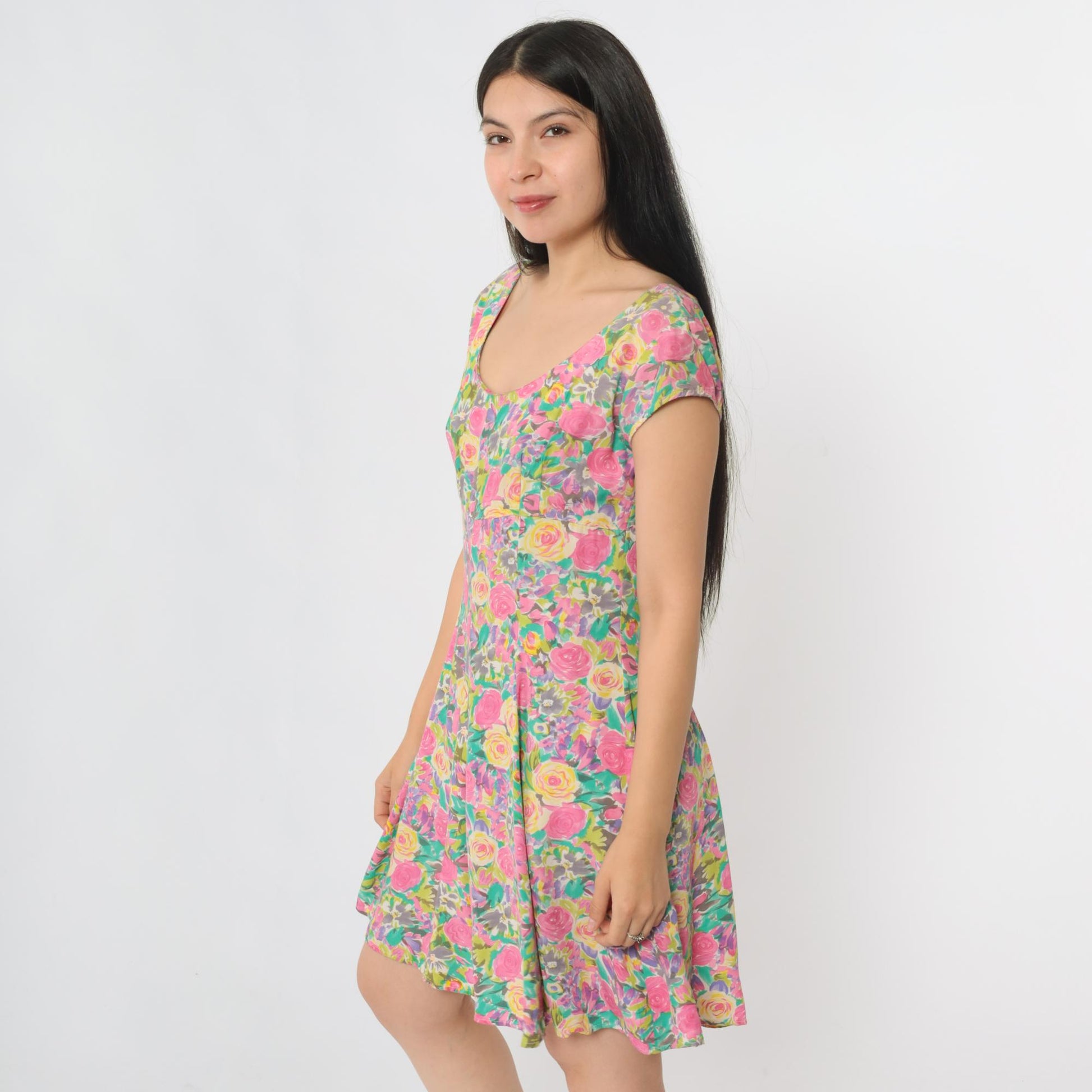 90s Paris Blues Floral Mini Dress Empire Waist Fit Flare Pink Blue Small