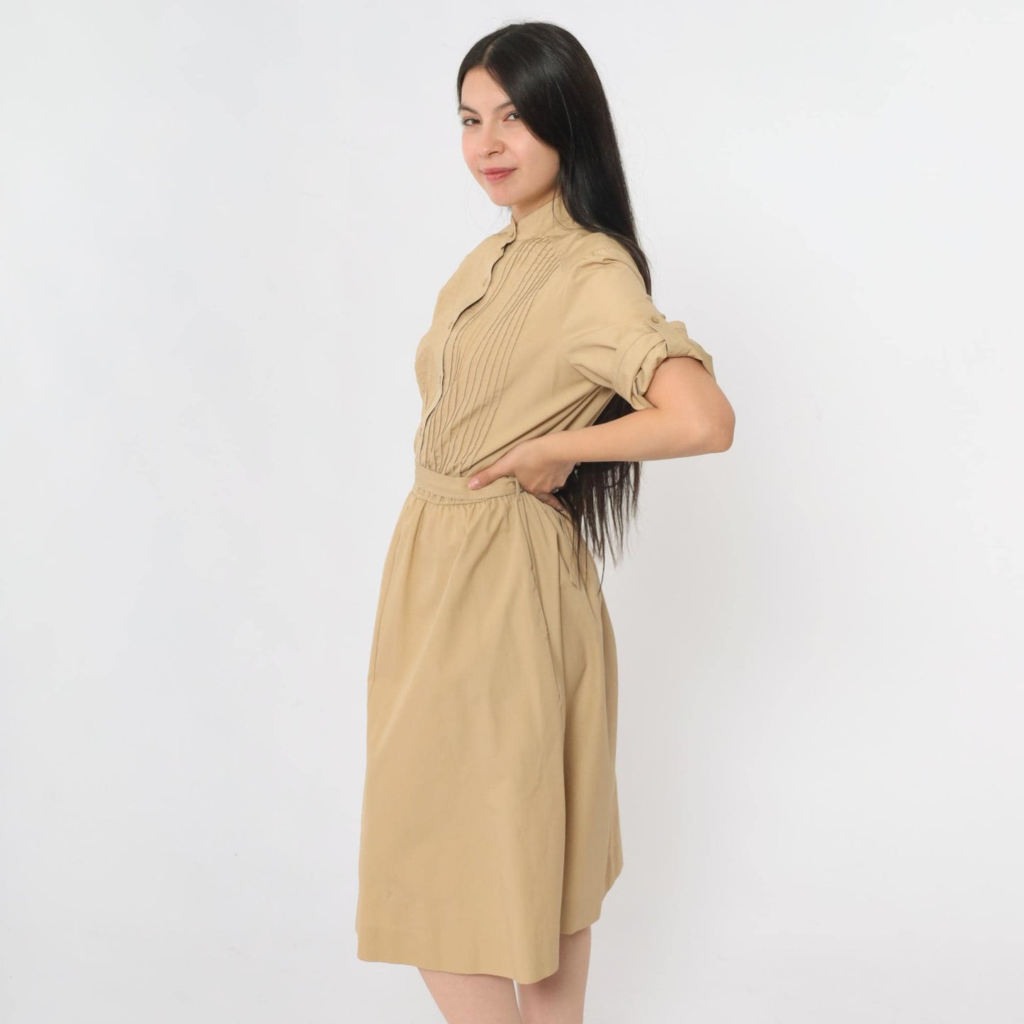 80s Tan Utility Shirtdress Midi Pintuck High Waist Button Up Medium