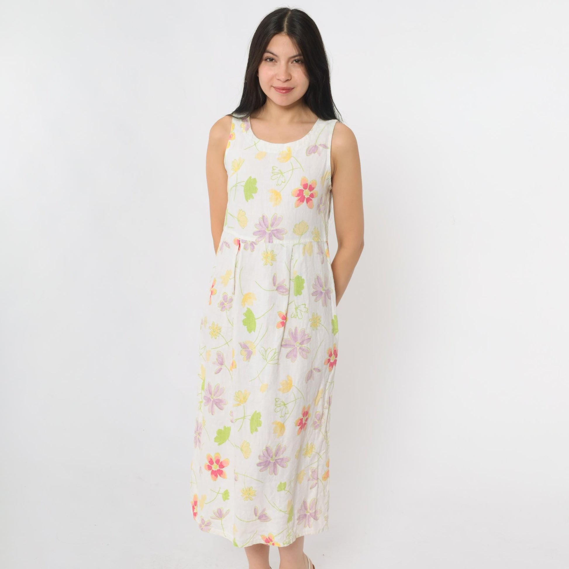 90s White Floral Linen Midi Dress Sleeveless High Waist Small 4
