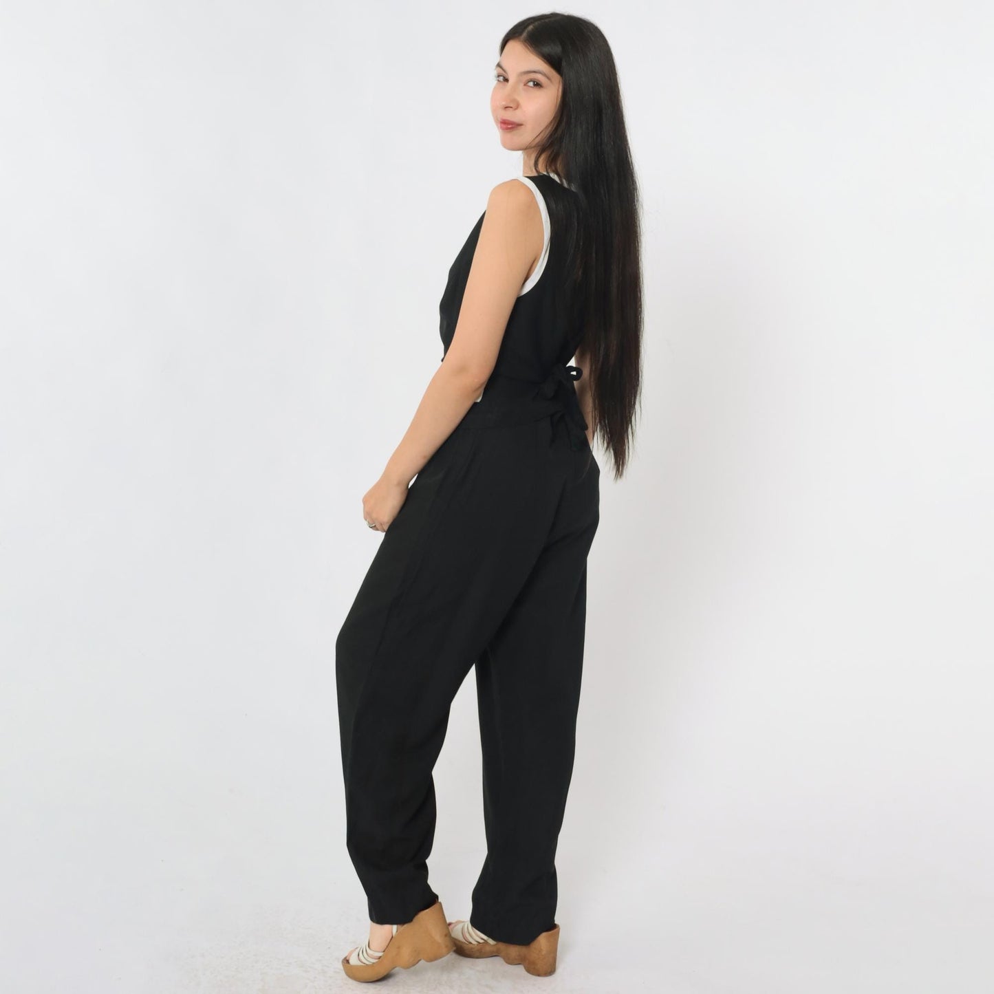 90s Black Jumpsuit White Ringer Trim Sleeveless Straight Leg Medium