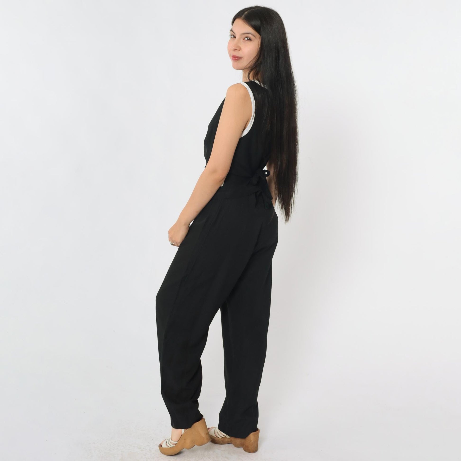 90s Black Jumpsuit White Ringer Trim Sleeveless Straight Leg Medium