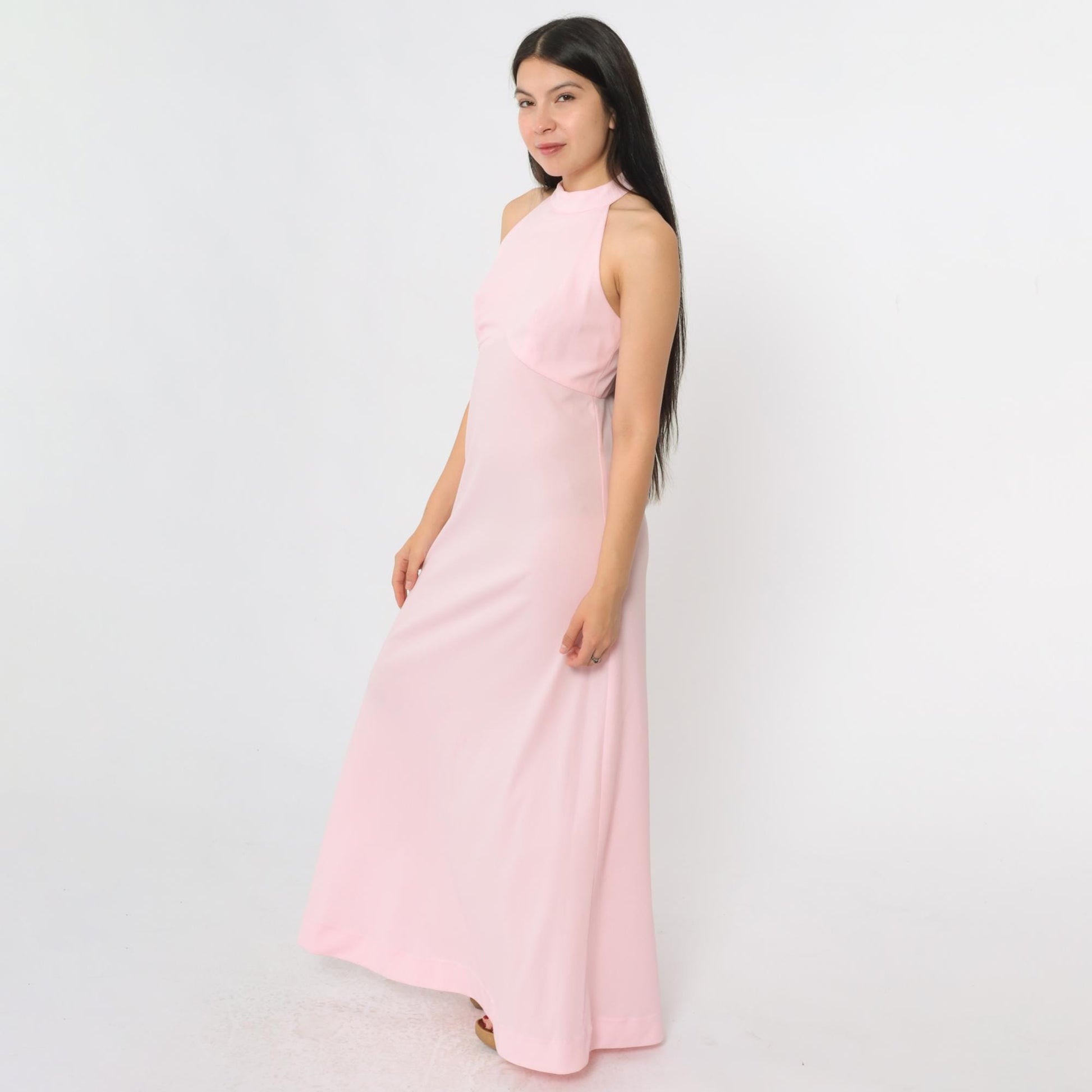 70s Pink Halter Maxi Dress Racerback Empire Waist XS