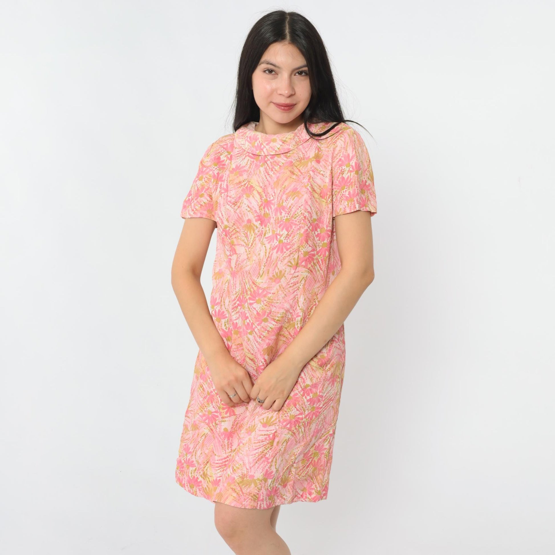 60s Pink Abstract Floral Shift Mini Dress Short Sleeve Small S