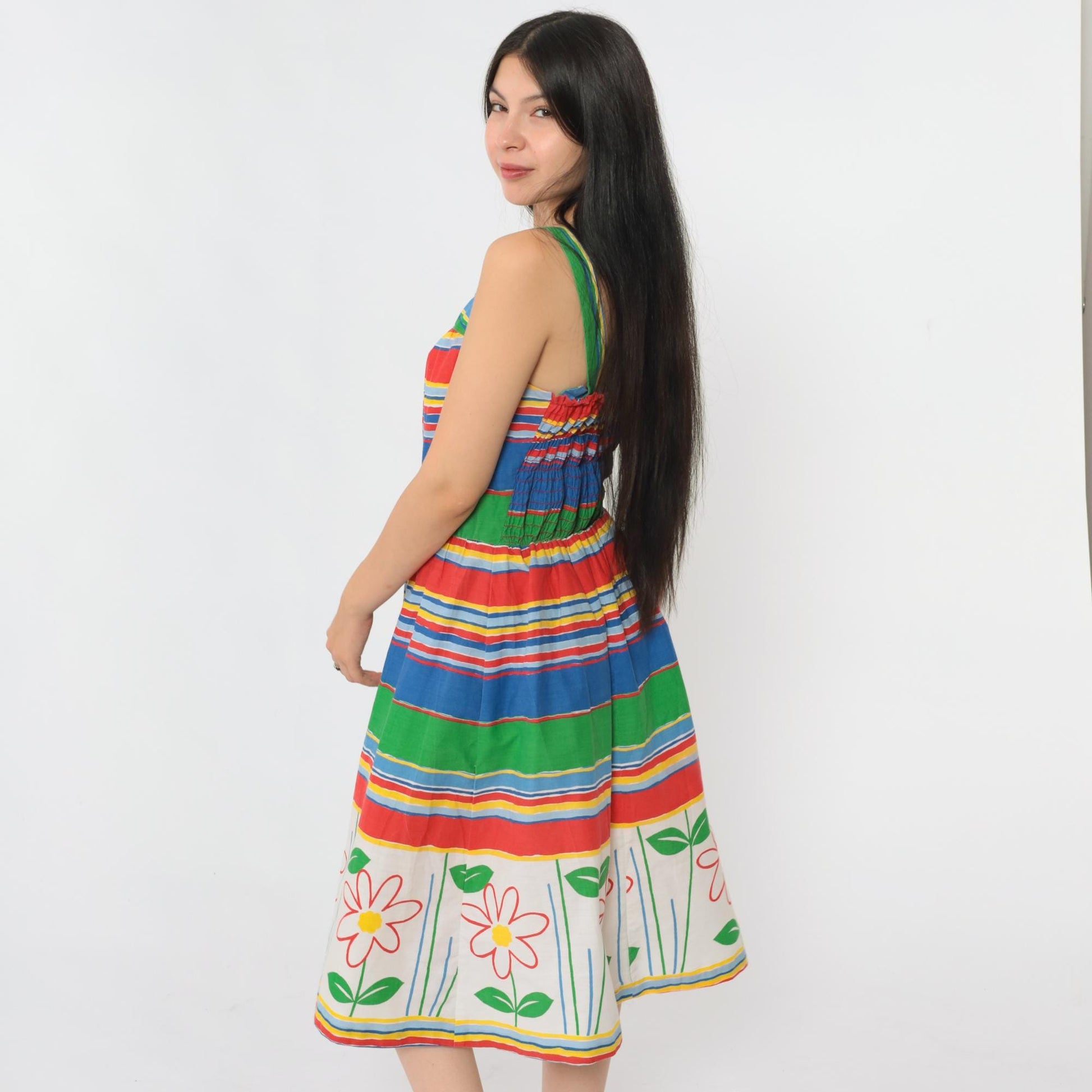 70s Striped Floral Midi Dress High Waist Smocked Back Sleeveless Small Medium