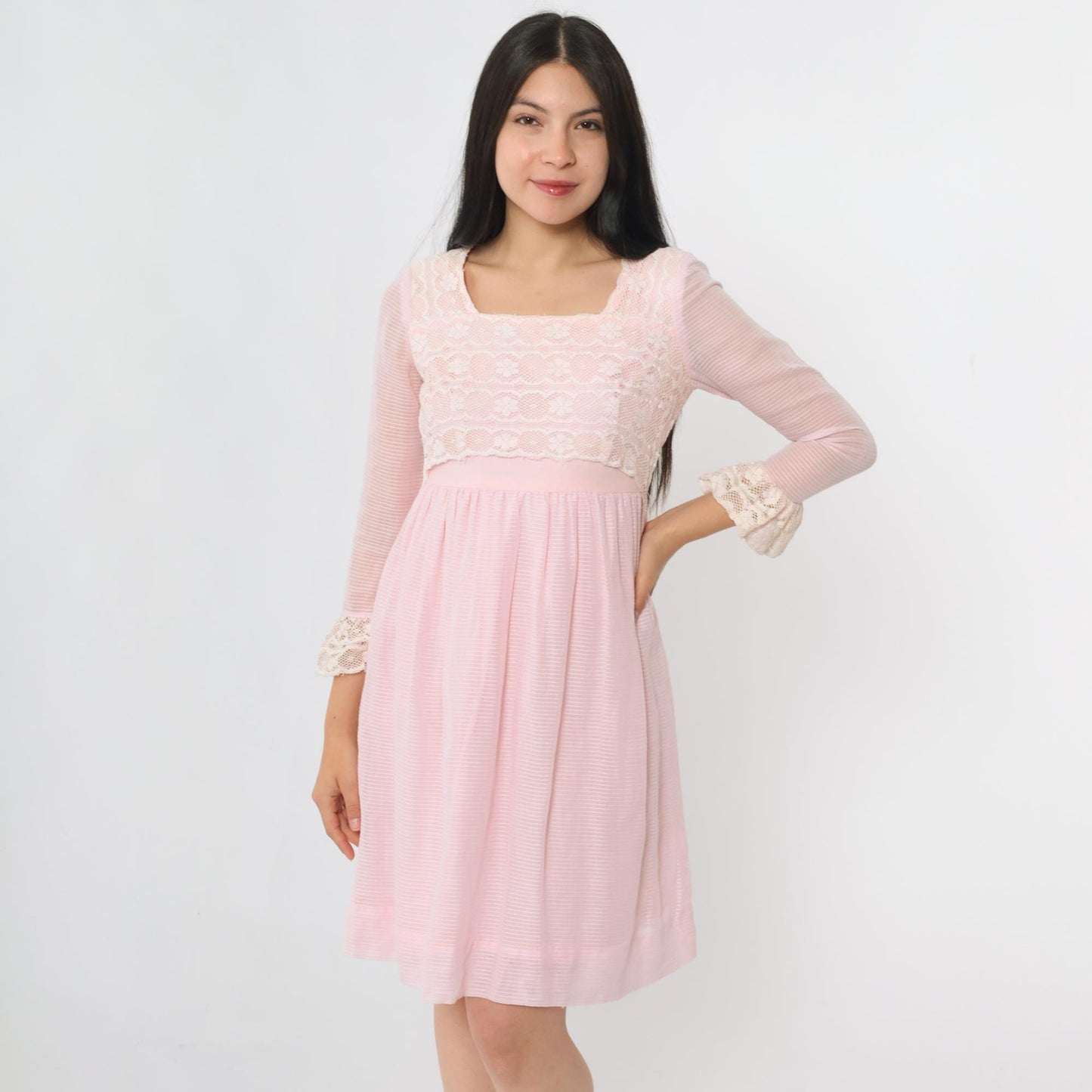 60s Pink Lace Babydoll Dress Empire Waist Mini 3/4 Sleeve Extra Small
